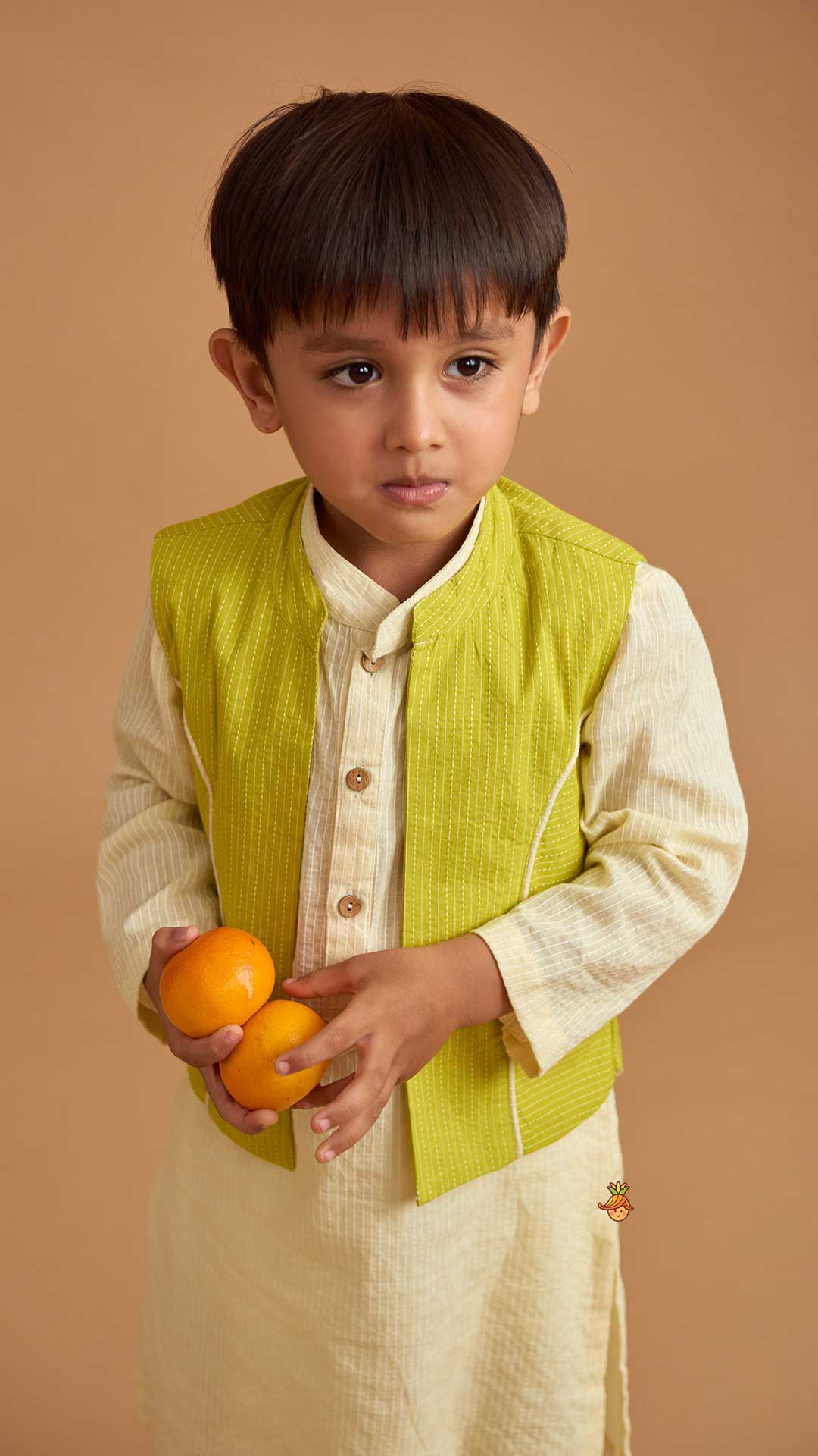 Pre Order: Cotton Cream Kurta With Green Jacket And Pocket Detail Pyjama