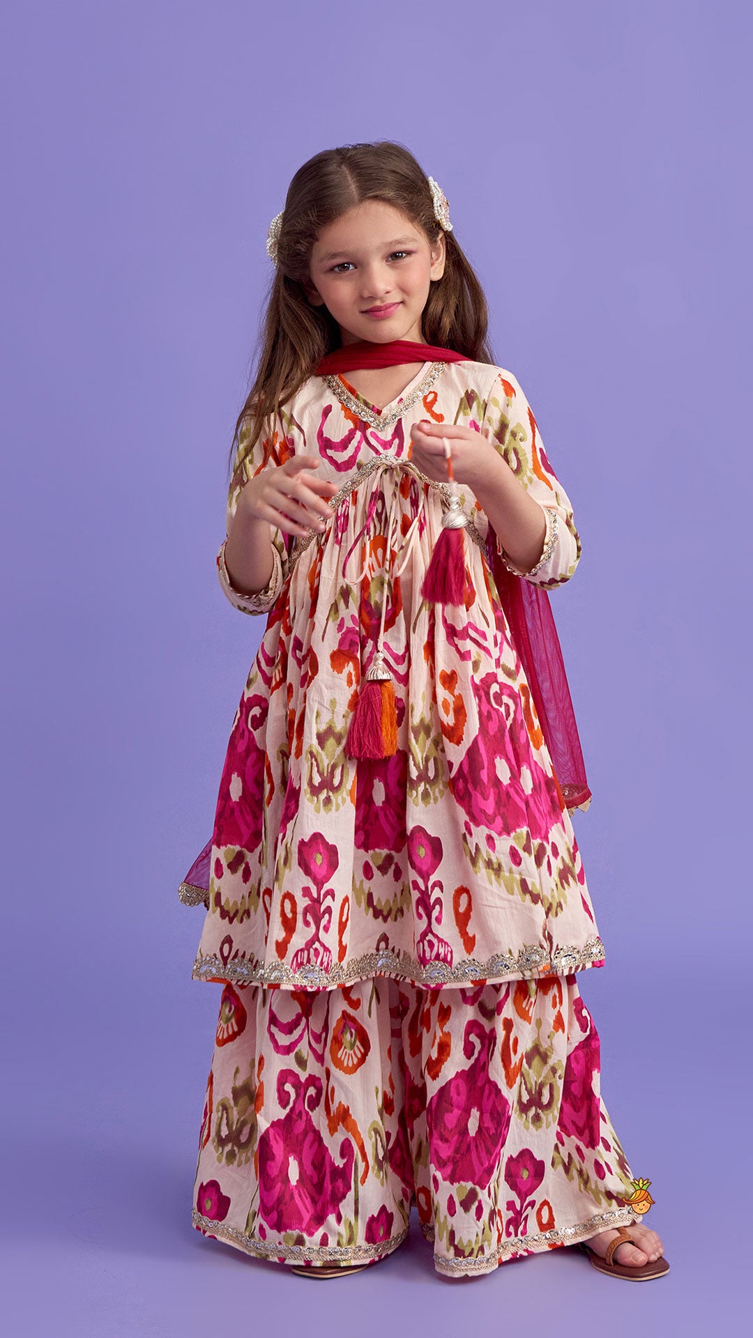 Pre Order: Tassels Enhanced Multicolour Printed Kurti And Sharara With Scalloped Lace Detail Dupatta