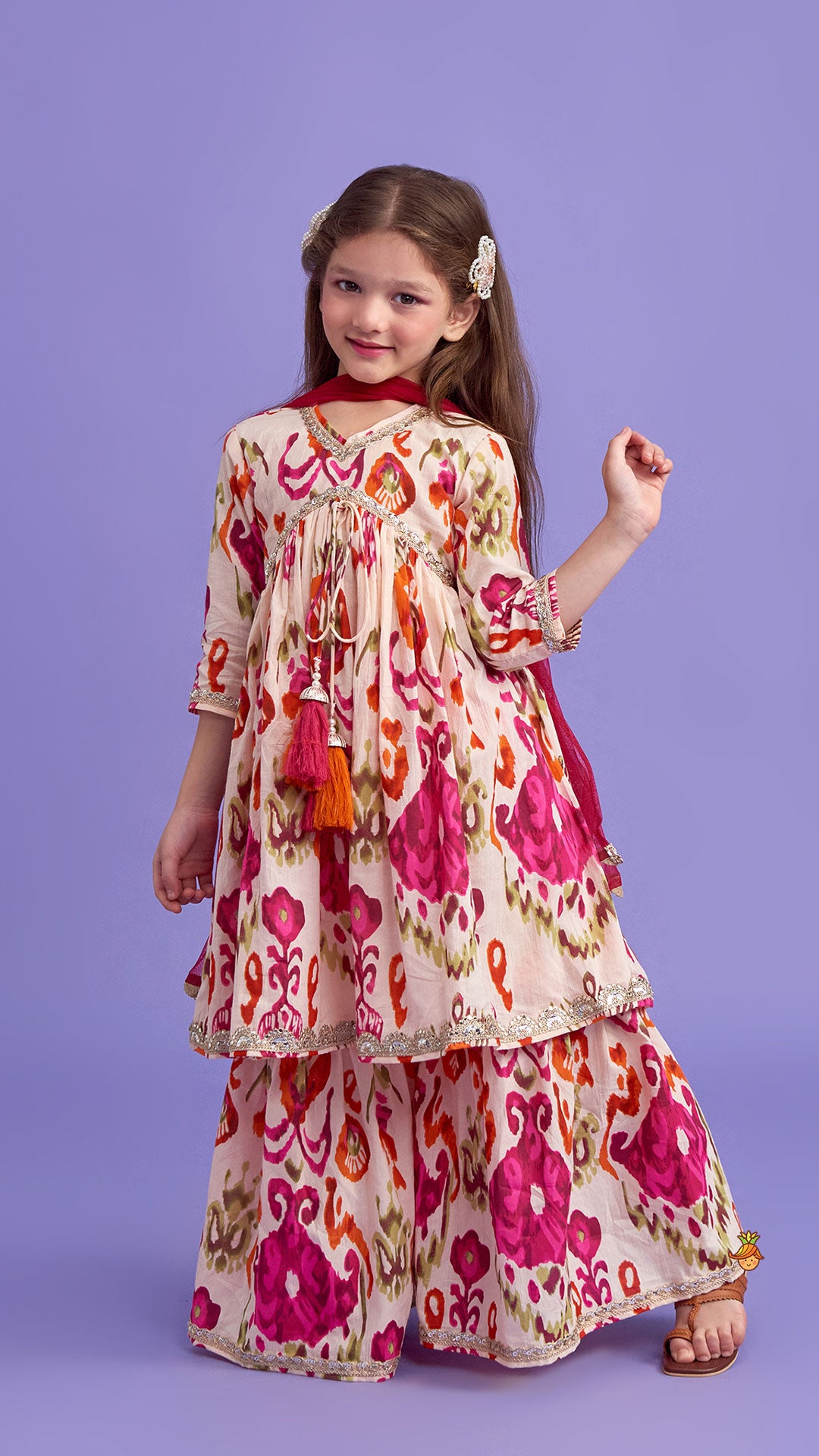 Pre Order: Tassels Enhanced Multicolour Printed Kurti And Sharara With Scalloped Lace Detail Dupatta