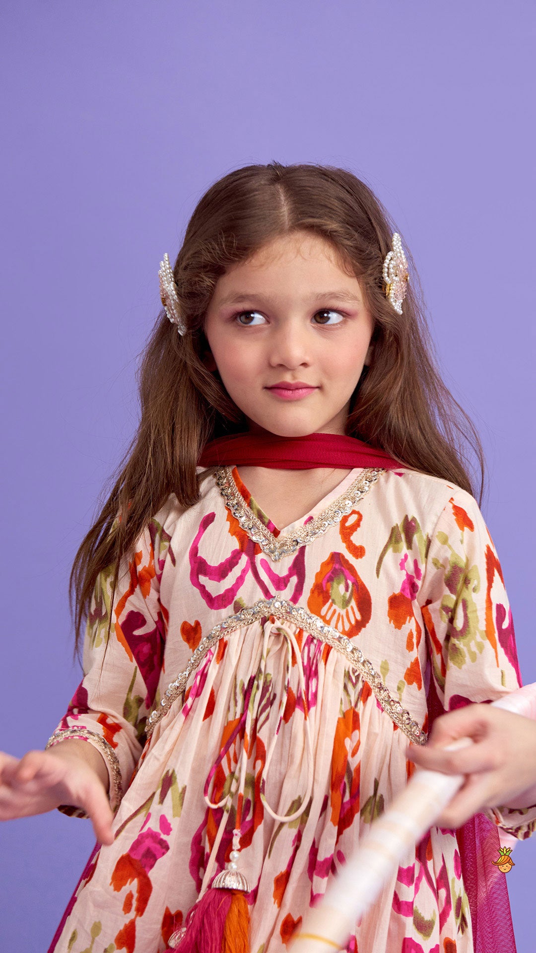 Pre Order: Tassels Enhanced Multicolour Printed Kurti And Sharara With Scalloped Lace Detail Dupatta