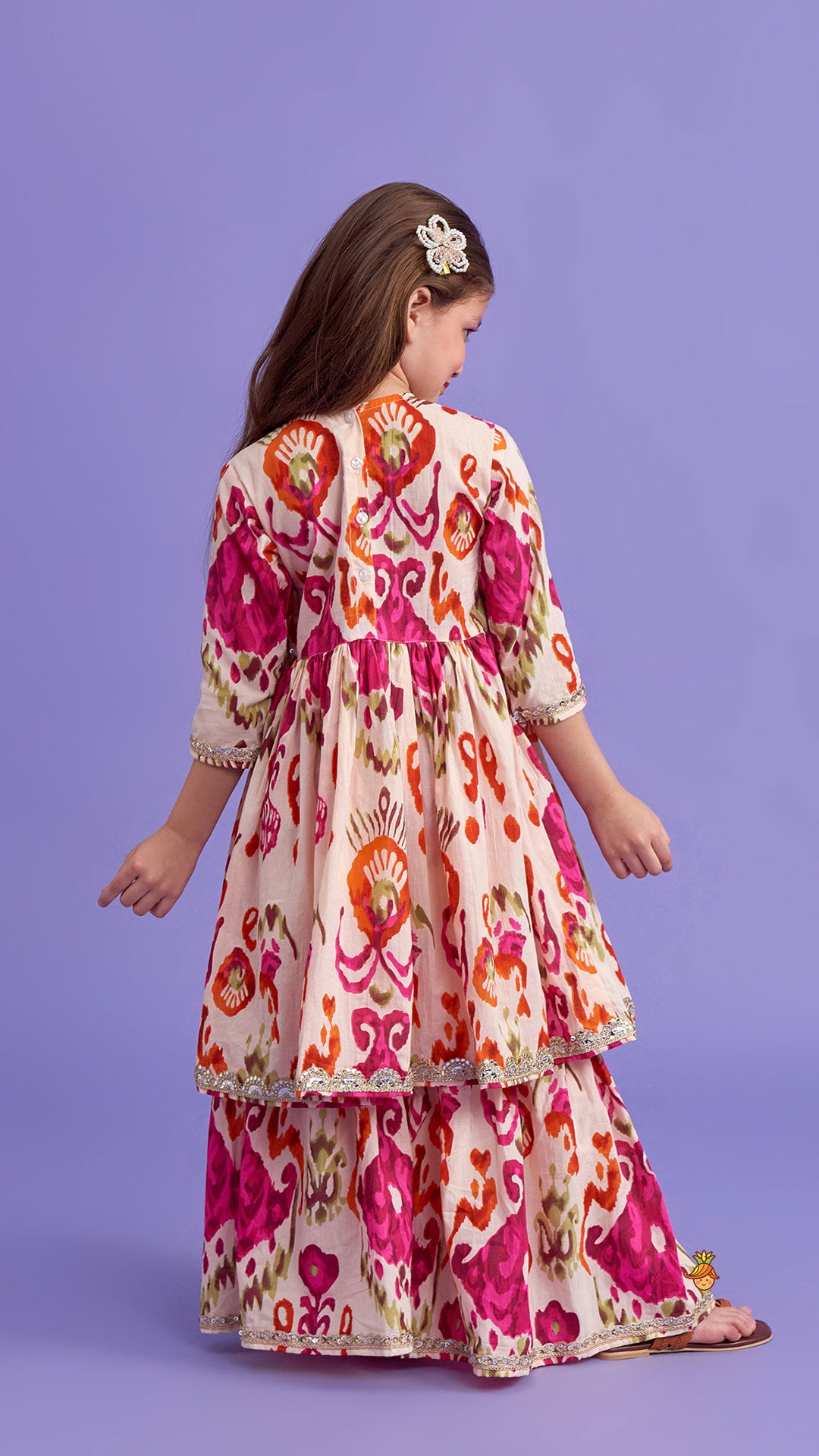 Pre Order: Tassels Enhanced Multicolour Printed Kurti And Sharara With Scalloped Lace Detail Dupatta
