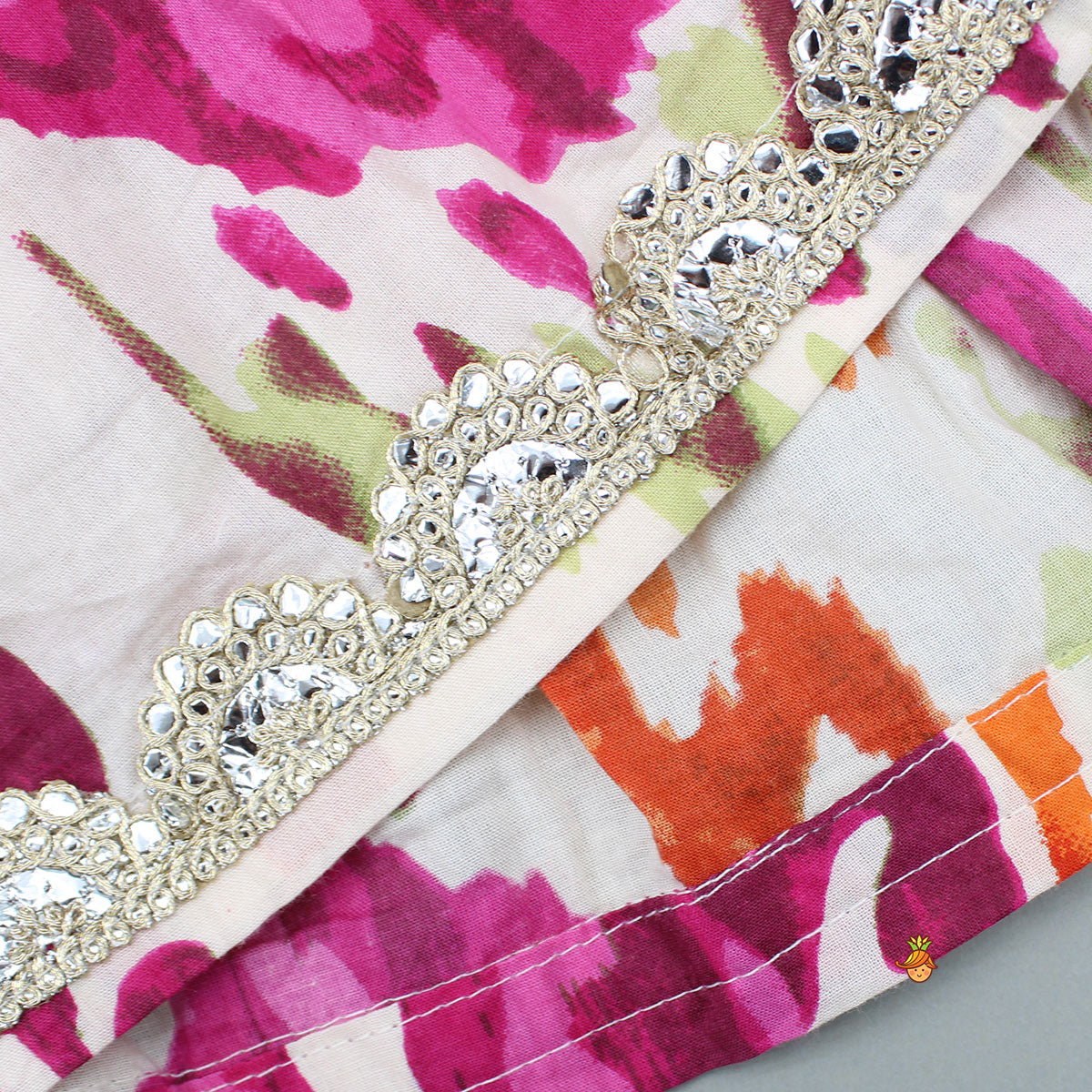 Pre Order: Tassels Enhanced Multicolour Printed Kurti And Sharara With Scalloped Lace Detail Pink Dupatta