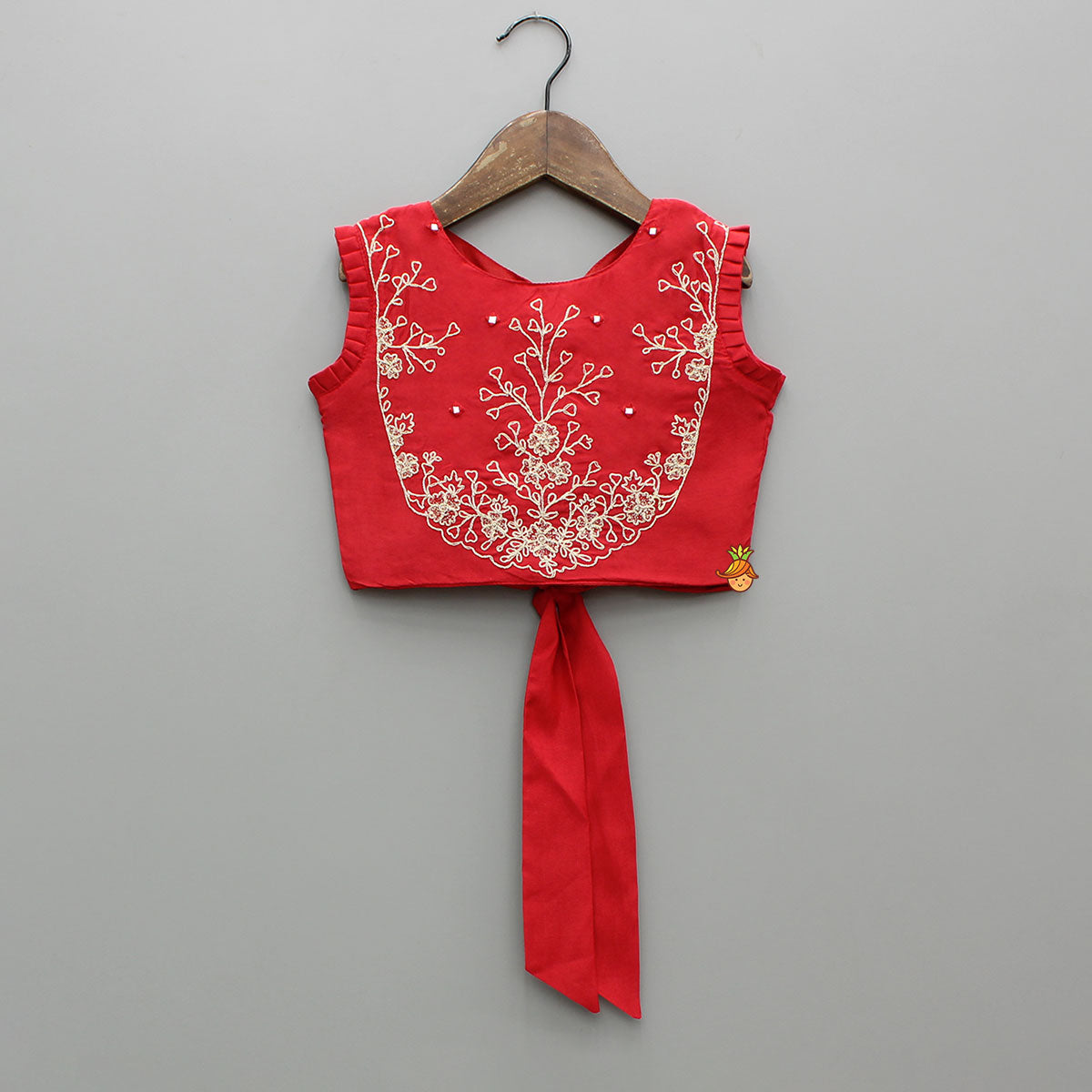 Pre Order: Dual Back Knot Detail Red Top And Tassels Enhanced Lehenga