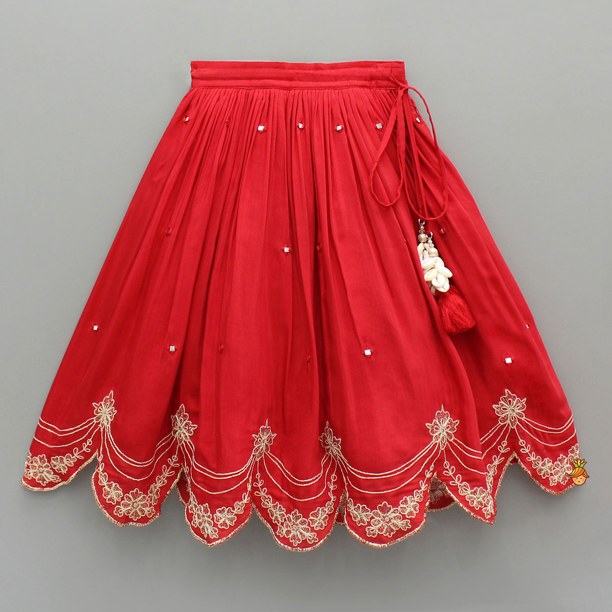 Pre Order: Dual Back Knot Detail Red Top And Tassels Enhanced Lehenga