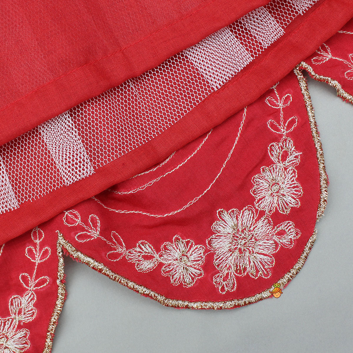 Pre Order: Dual Back Knot Detail Red Top And Tassels Enhanced Lehenga