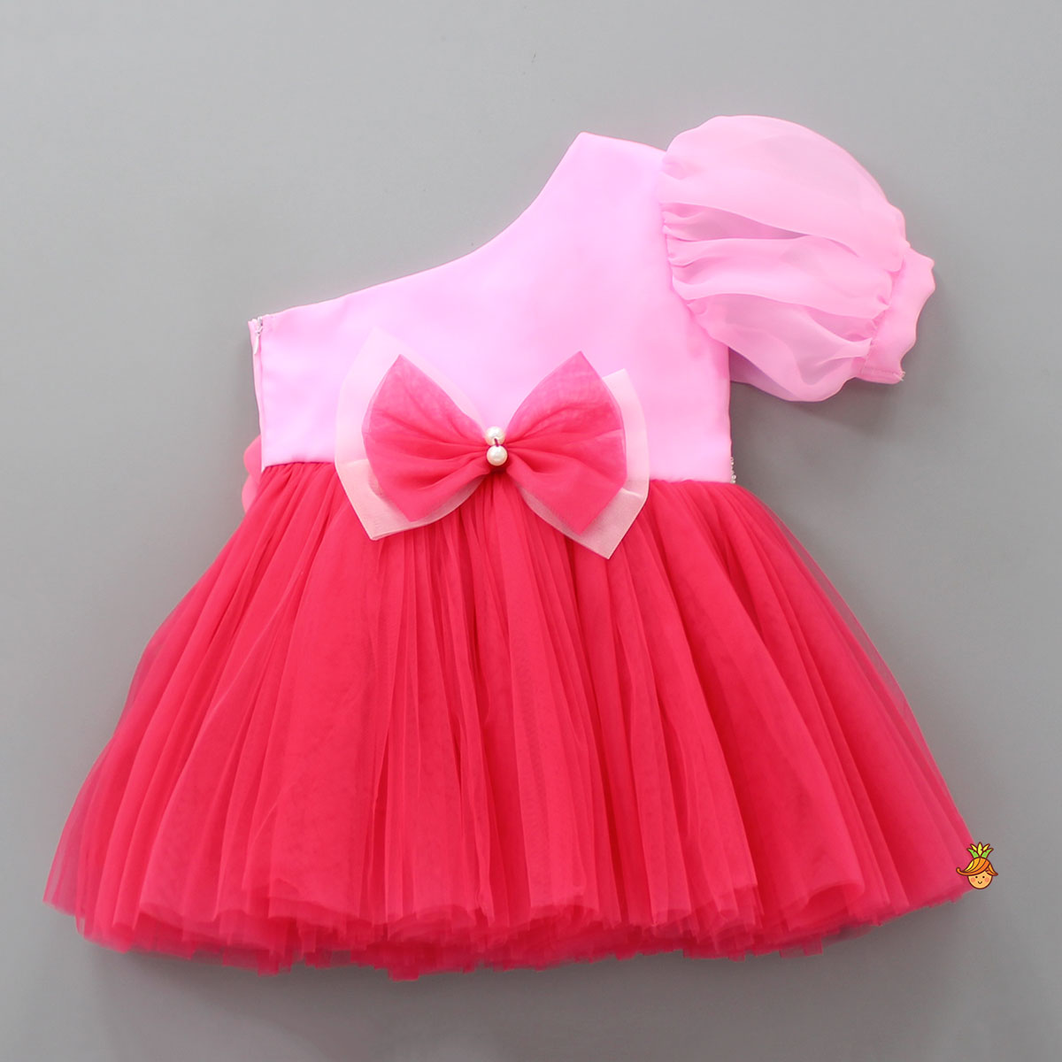 Pre Order: One Shoulder Swirled Flower Enhanced Flared Pink And Red Dress