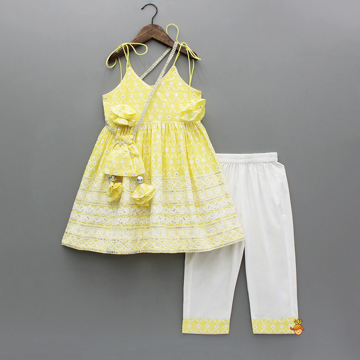 Pre Order: Strappy V Neck Embroidered Yellow Kurti And Pant With Sling Bag