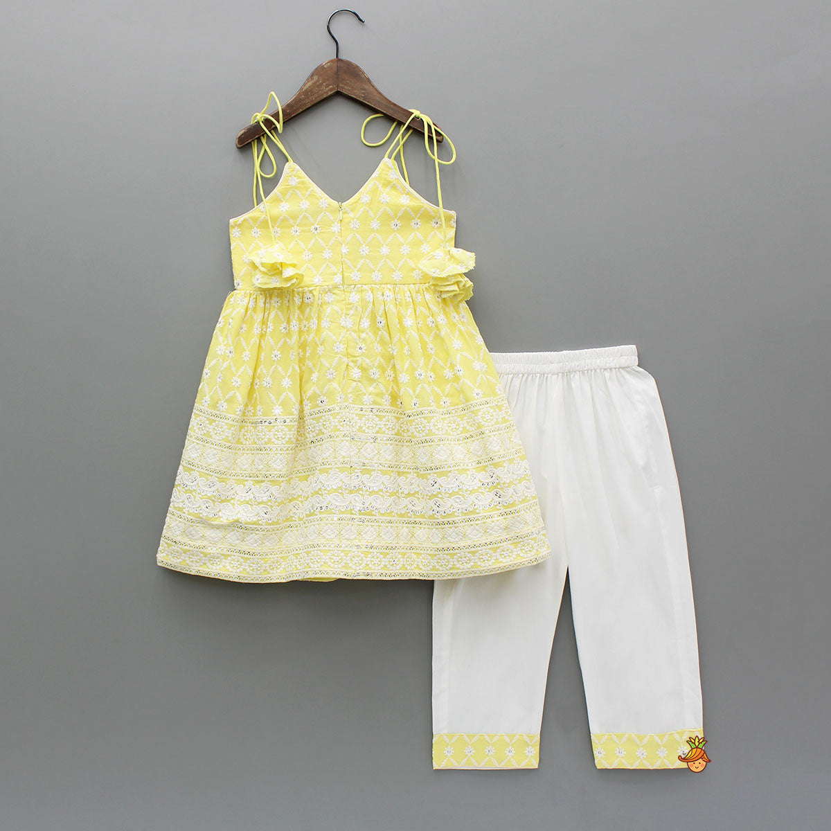 Pre Order: Strappy V Neck Embroidered Yellow Kurti And Pant With Sling Bag
