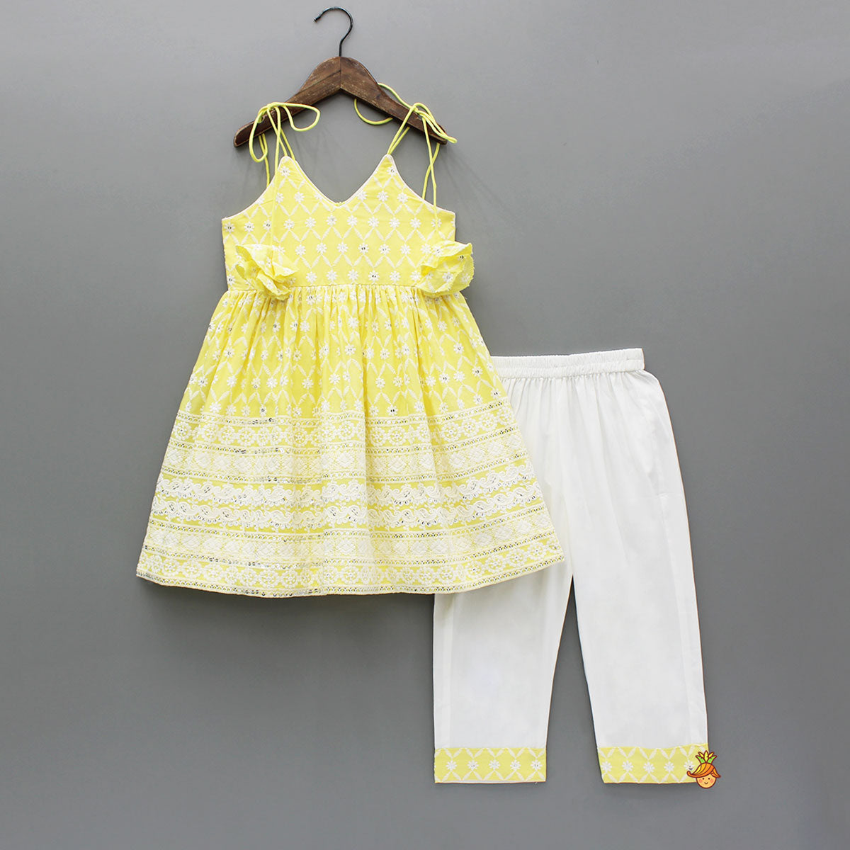 Pre Order: Strappy V Neck Embroidered Yellow Kurti And Pant With Sling Bag