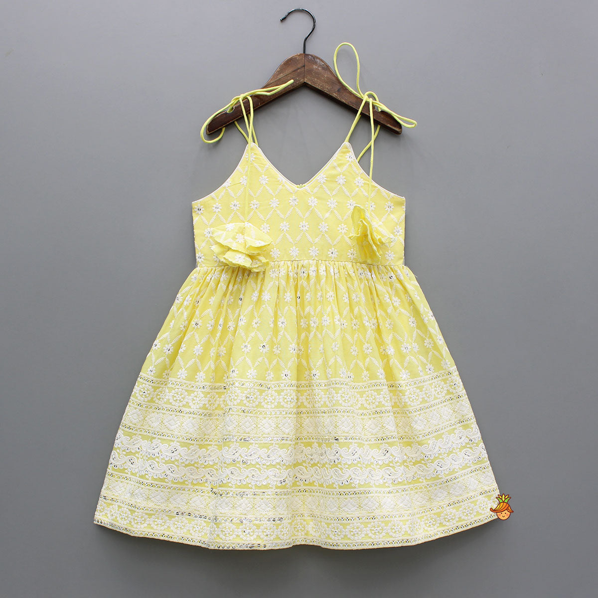 Pre Order: Strappy V Neck Embroidered Yellow Kurti And Pant With Sling Bag
