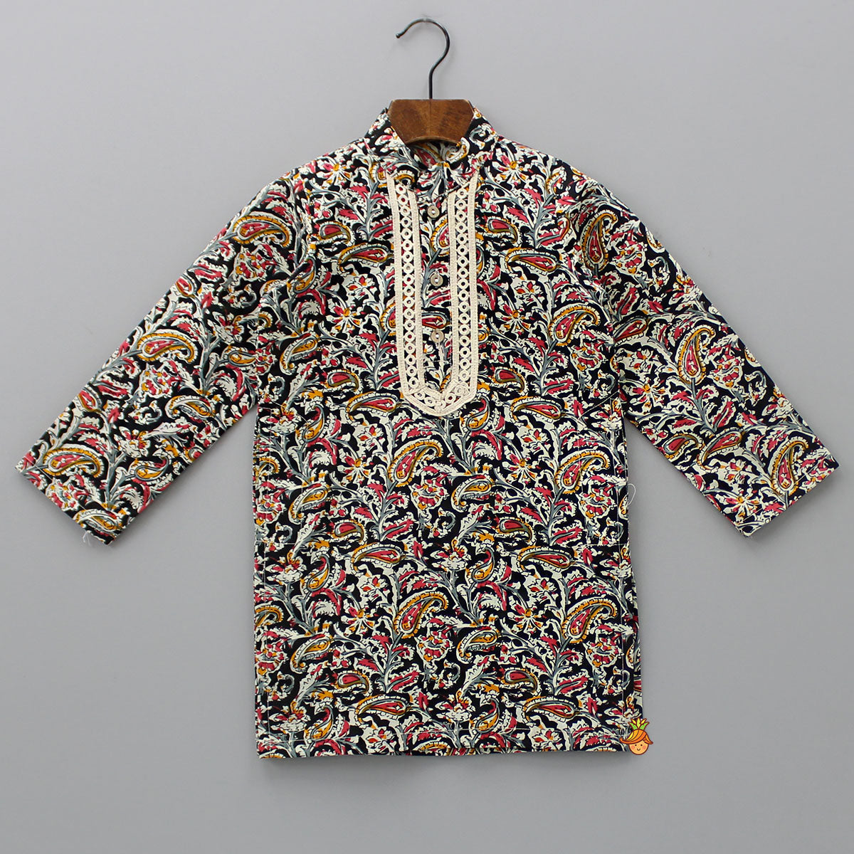 Pre Order: Lace Detail Front Placket Multicolour Printed Kurta And Black Pyjama