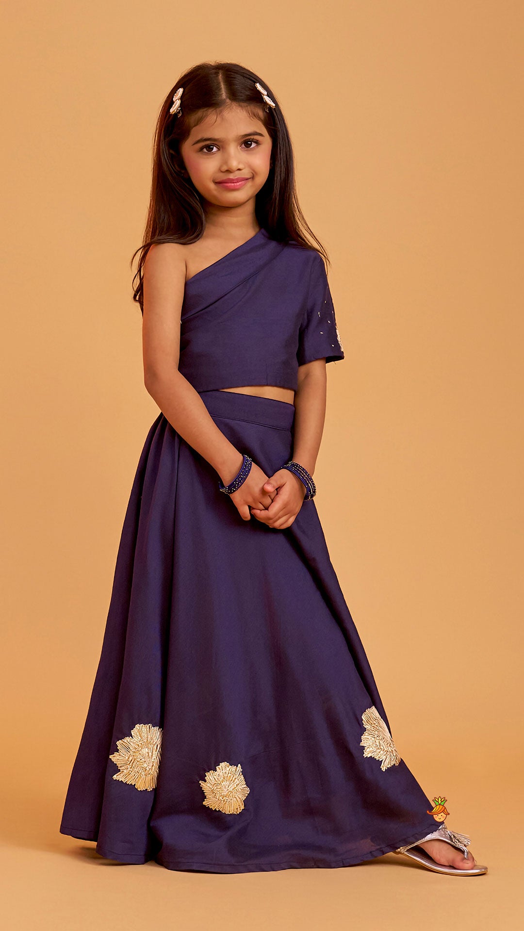 Pre Order: One Shoulder Blue Top And Floral Lehenga
