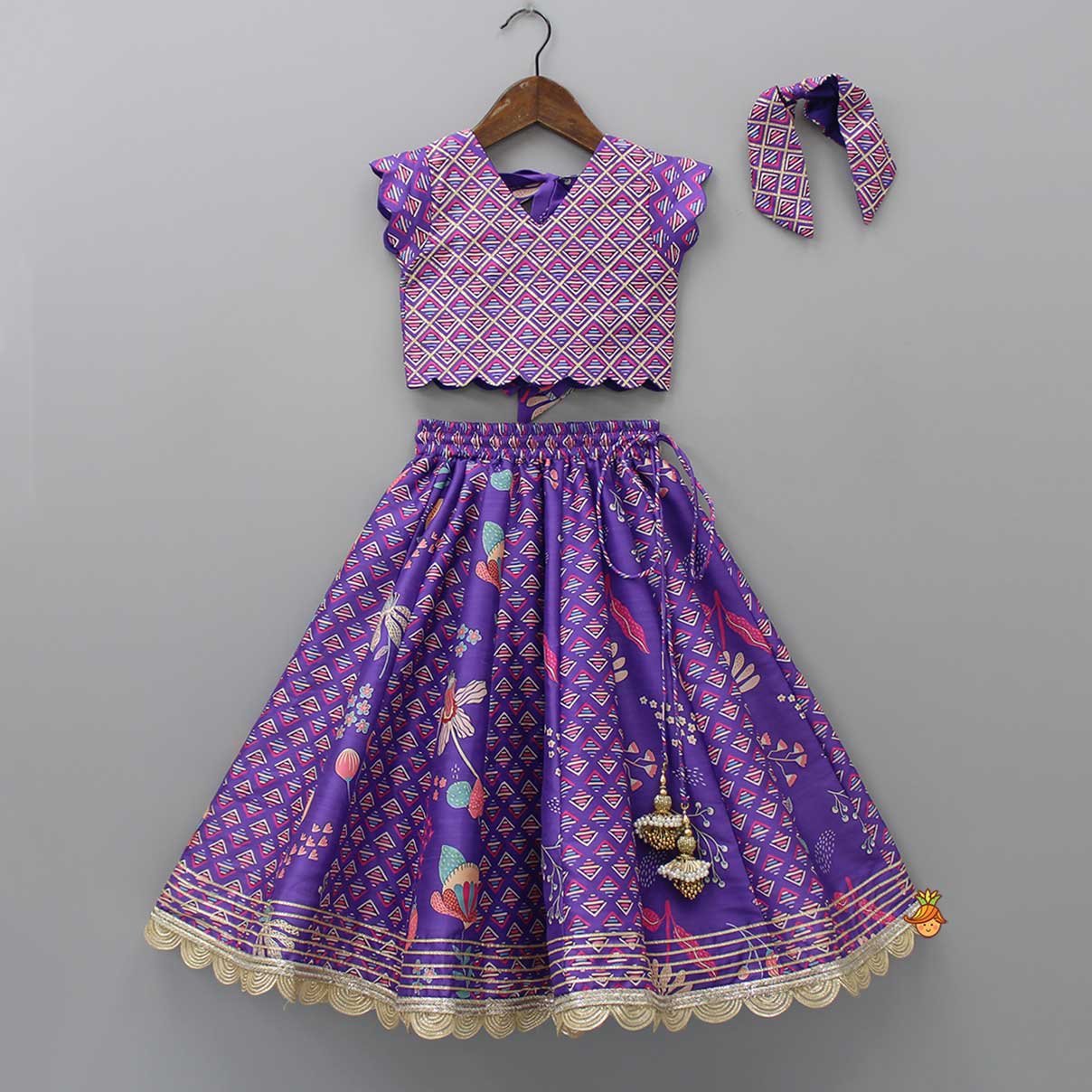 Pre Order: Scalloped Hem V Neck Purple Top And Lehenga With Matching Hair Band