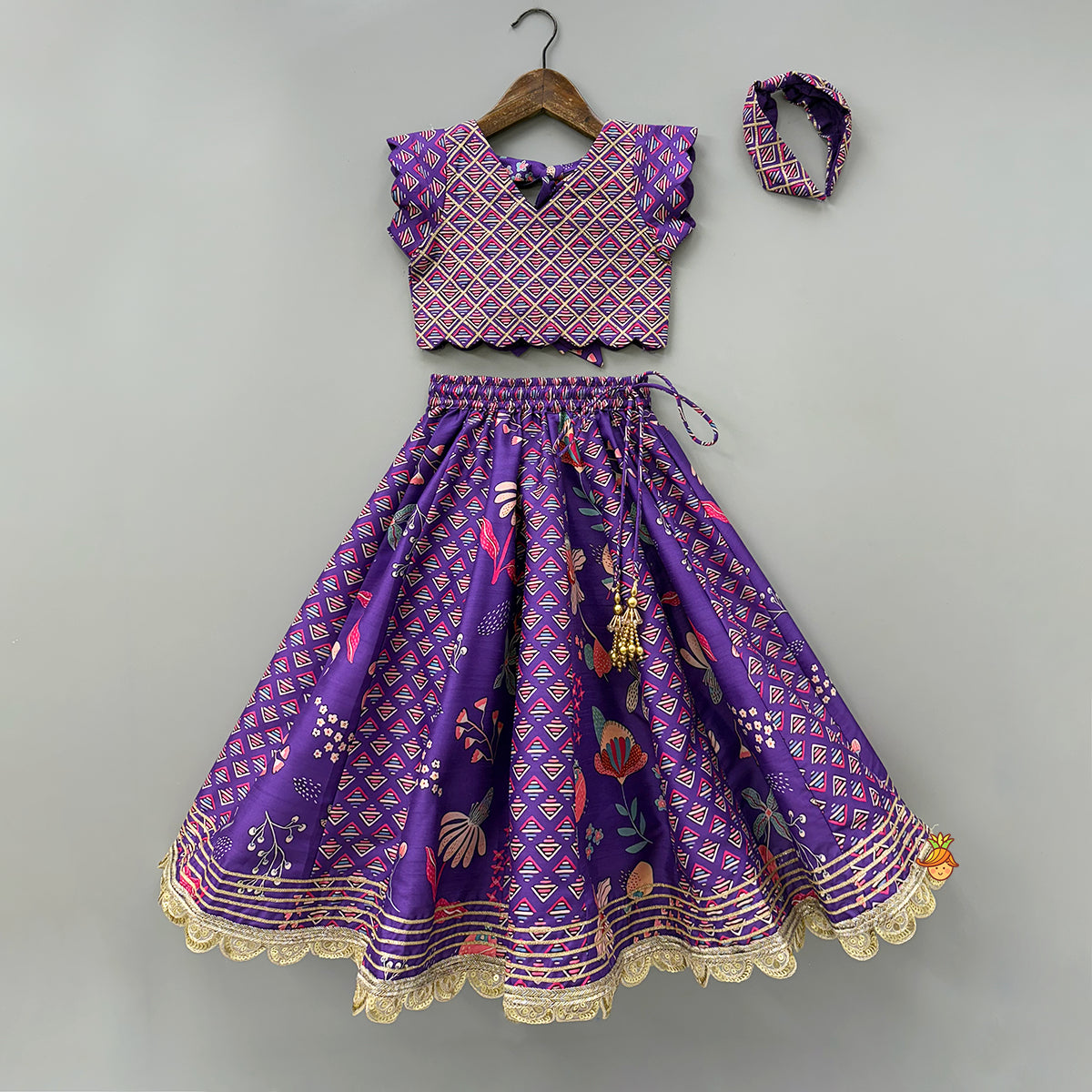 Pre Order: Scalloped Hem V Neck Purple Top And Lehenga With Matching Hair Band