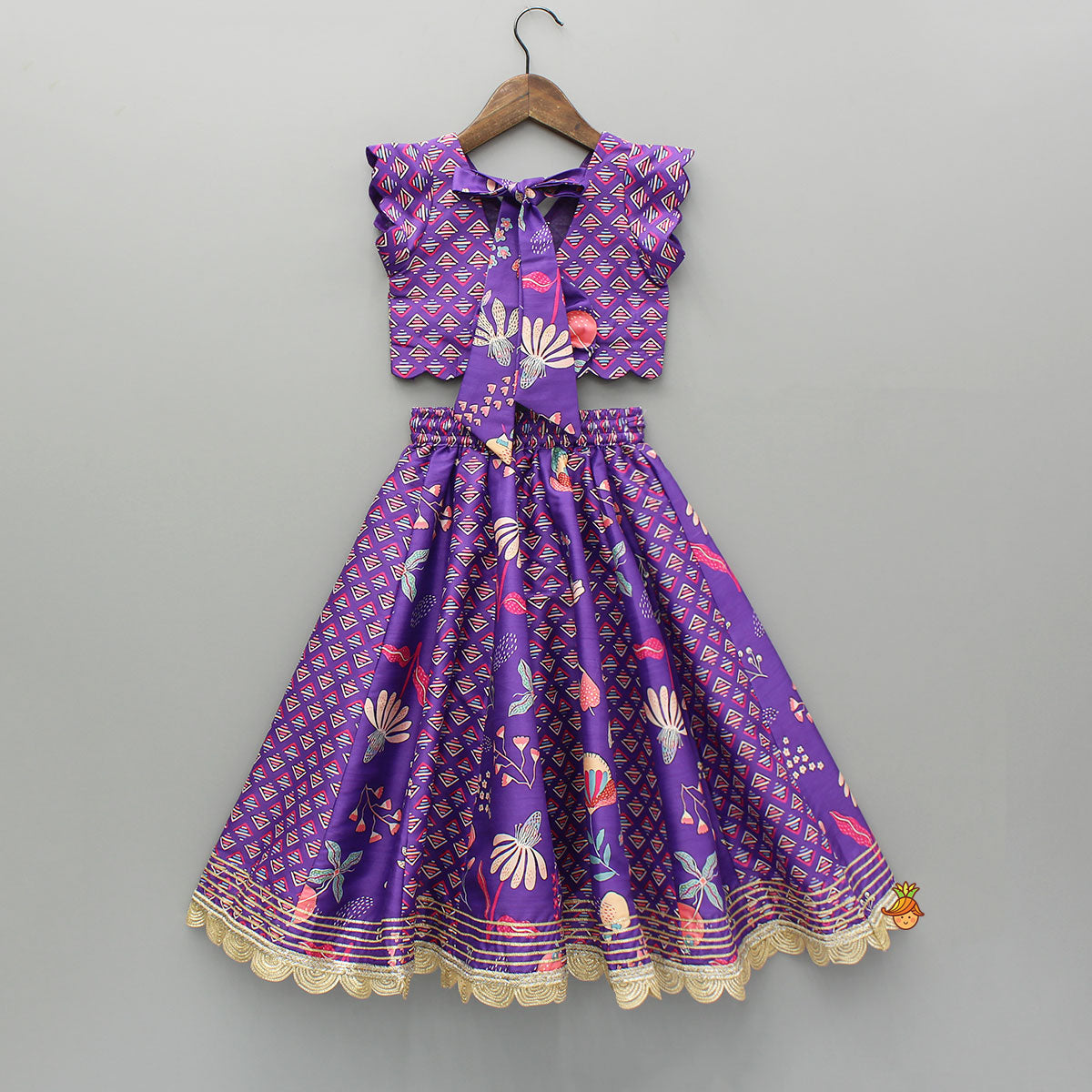 Pre Order: Scalloped Hem V Neck Purple Top And Lehenga With Matching Hair Band