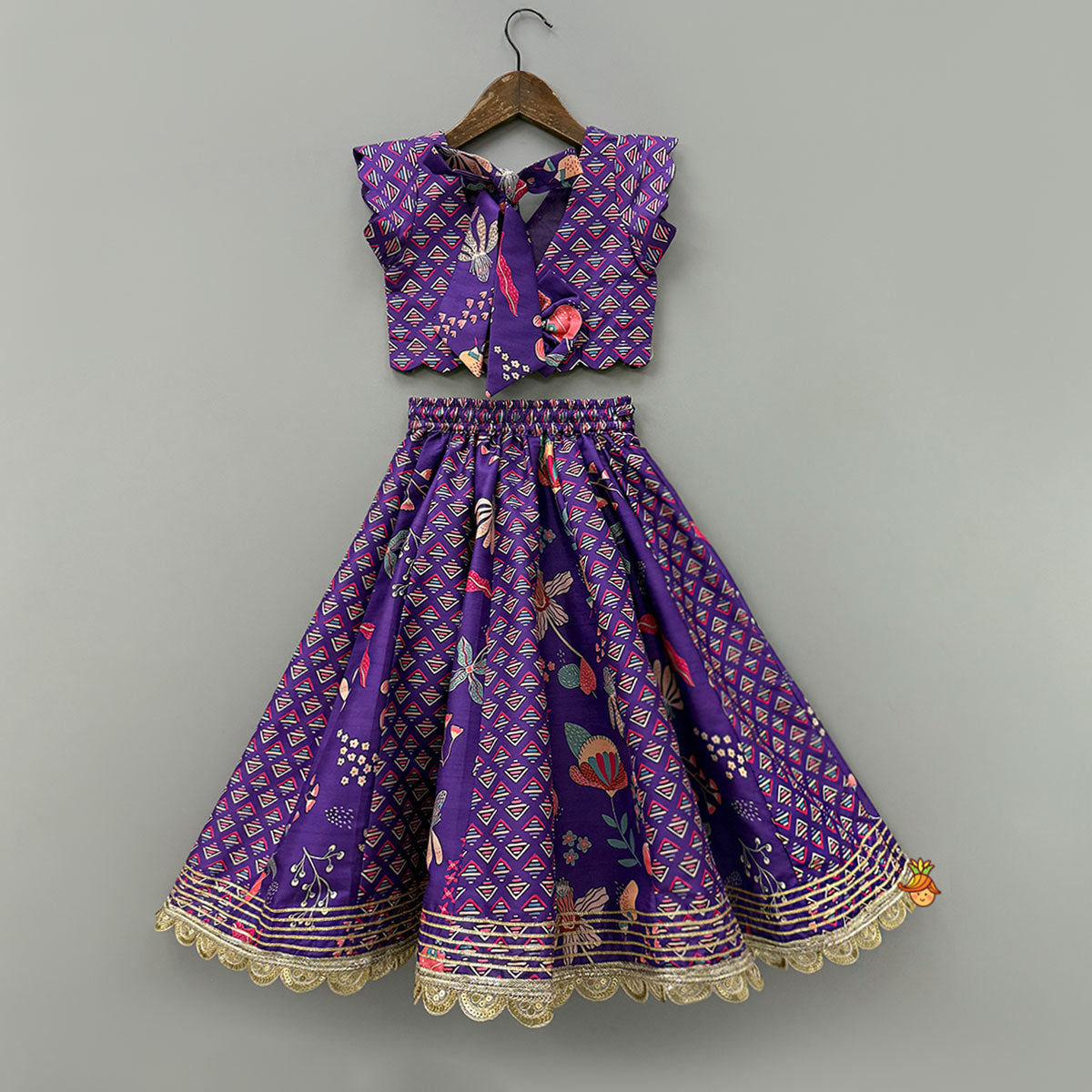 Pre Order: Scalloped Hem V Neck Purple Top And Lehenga With Matching Hair Band