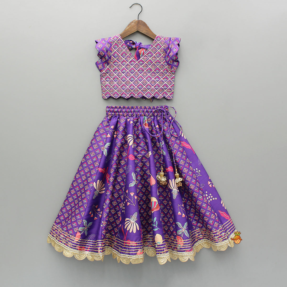 Pre Order: Scalloped Hem V Neck Purple Top And Lehenga With Matching Hair Band