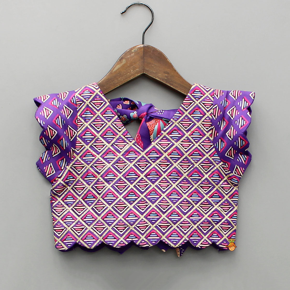 Pre Order: Scalloped Hem V Neck Purple Top And Lehenga With Matching Hair Band