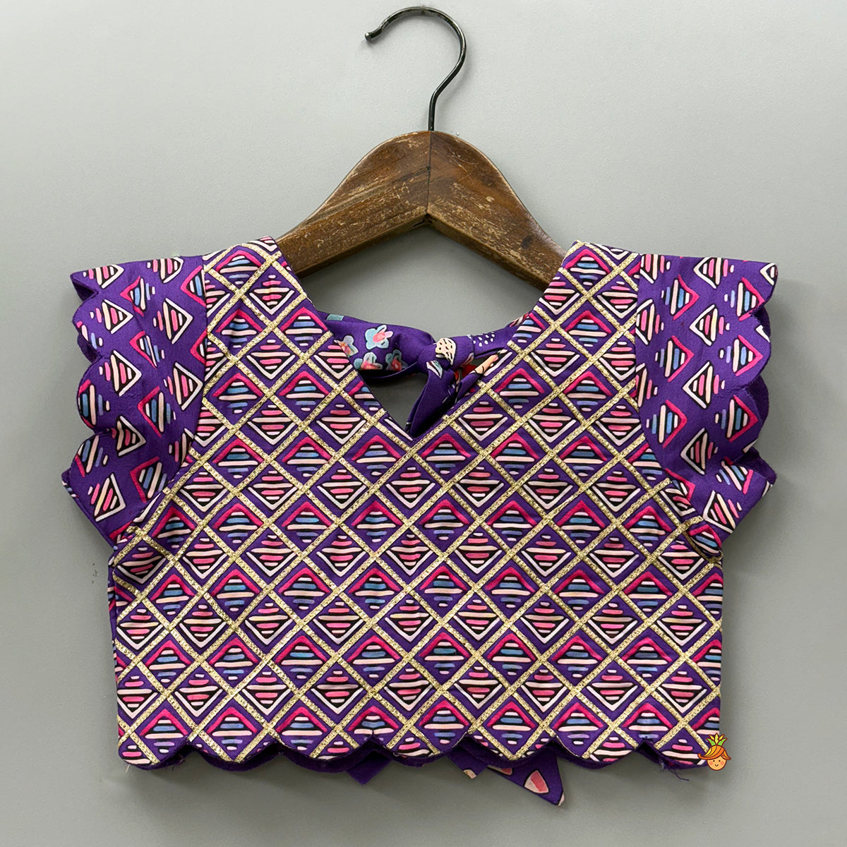 Pre Order: Scalloped Hem V Neck Purple Top And Lehenga With Matching Hair Band