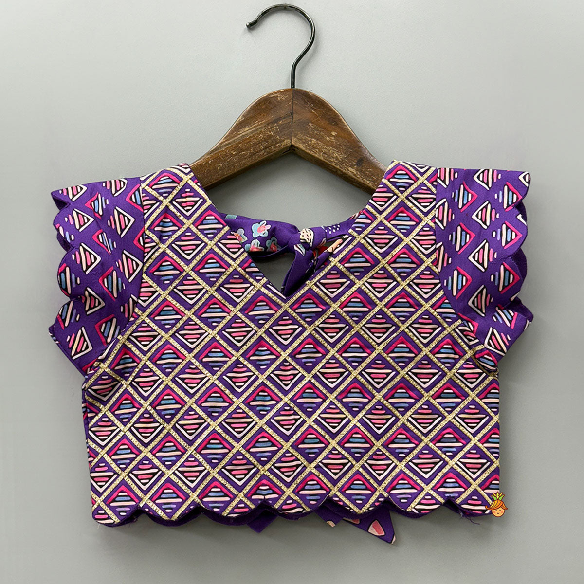 Pre Order: Scalloped Hem V Neck Purple Top And Lehenga With Matching Hair Band