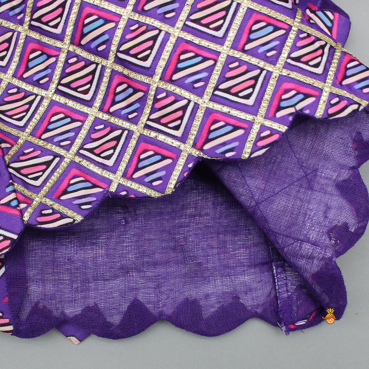 Pre Order: Scalloped Hem V Neck Purple Top And Lehenga With Matching Hair Band