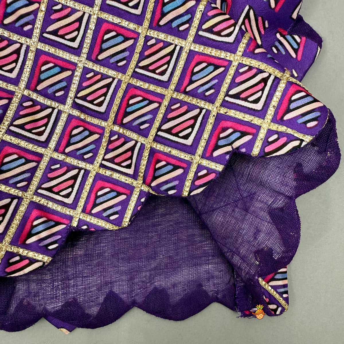 Pre Order: Scalloped Hem V Neck Purple Top And Lehenga With Matching Hair Band