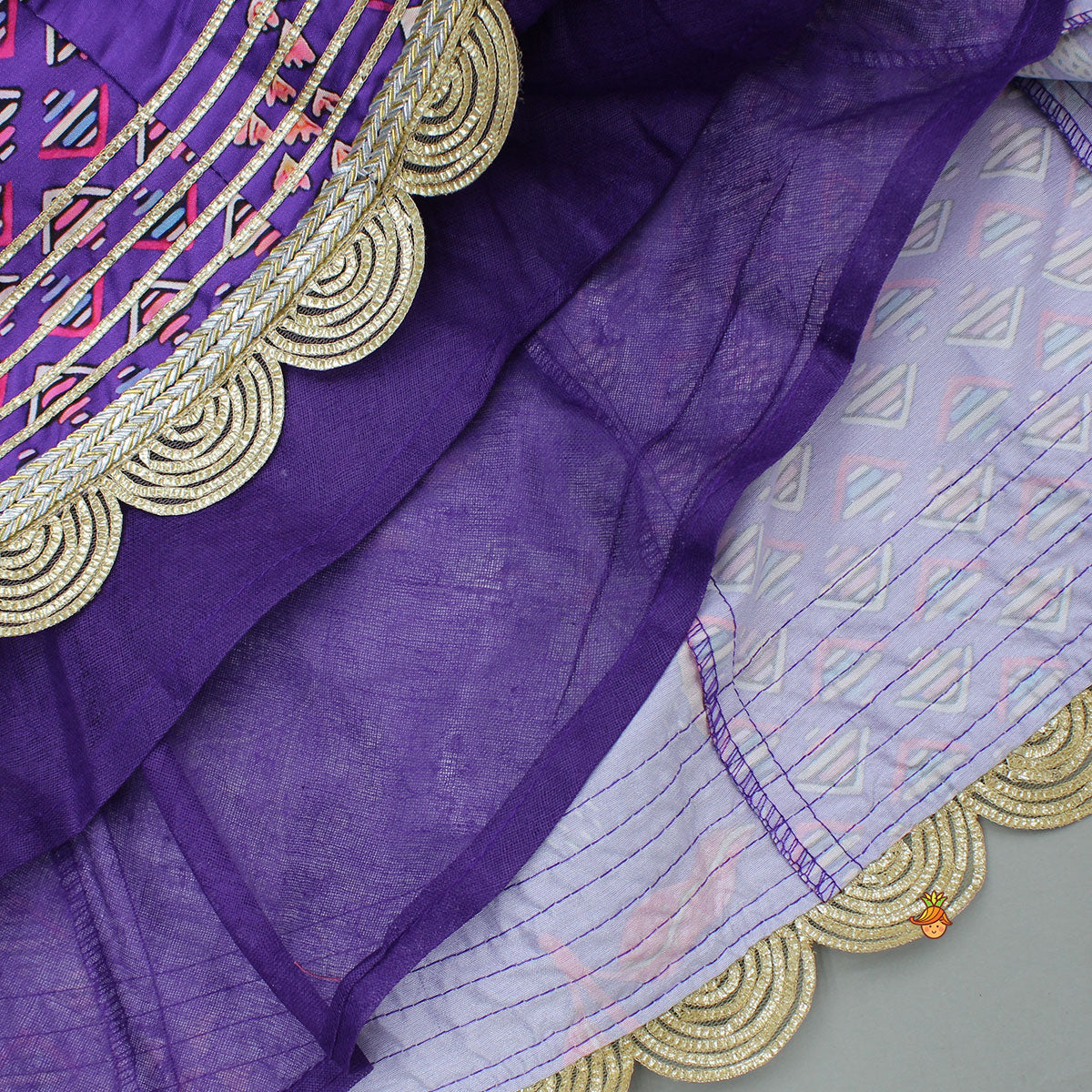 Pre Order: Scalloped Hem V Neck Purple Top And Lehenga With Matching Hair Band
