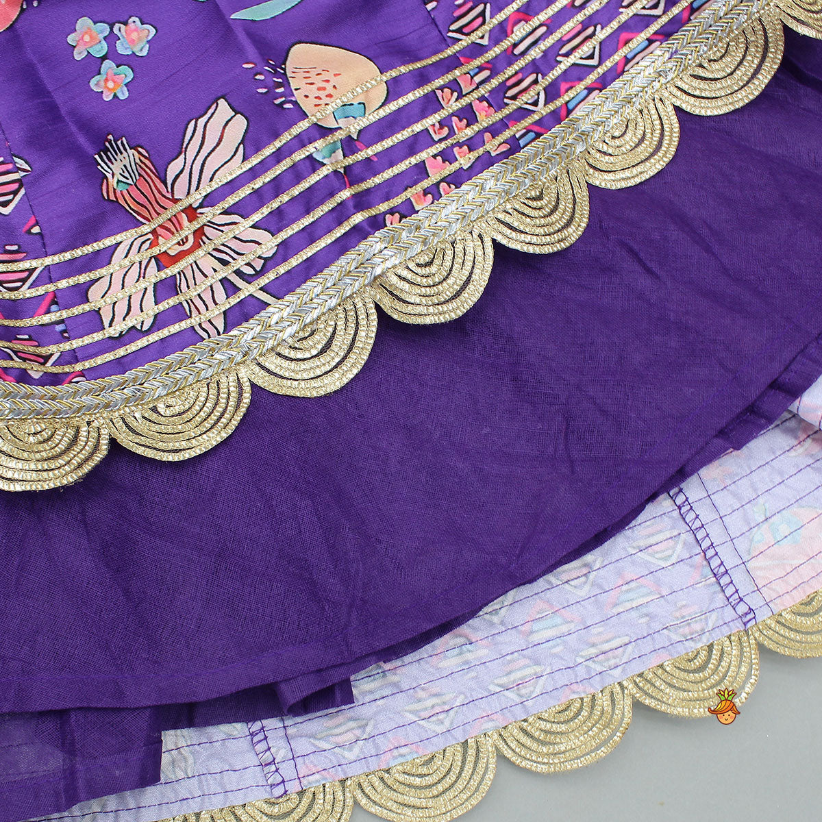 Pre Order: Scalloped Hem V Neck Purple Top And Lehenga With Matching Hair Band