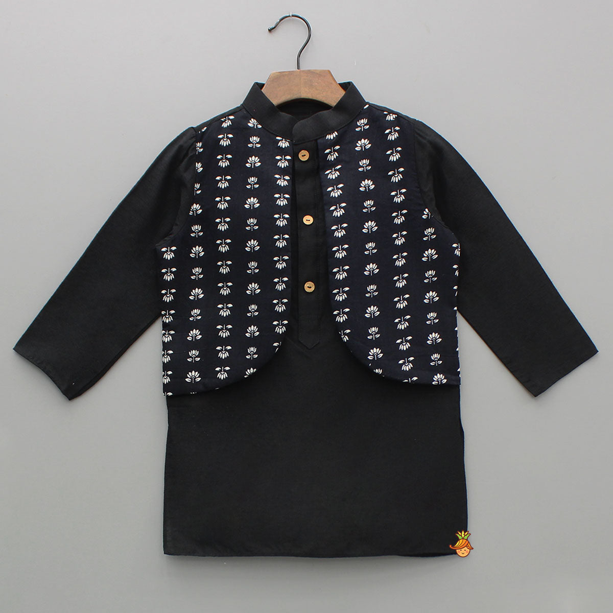 Jacket Style Black Kurta And Pyjama