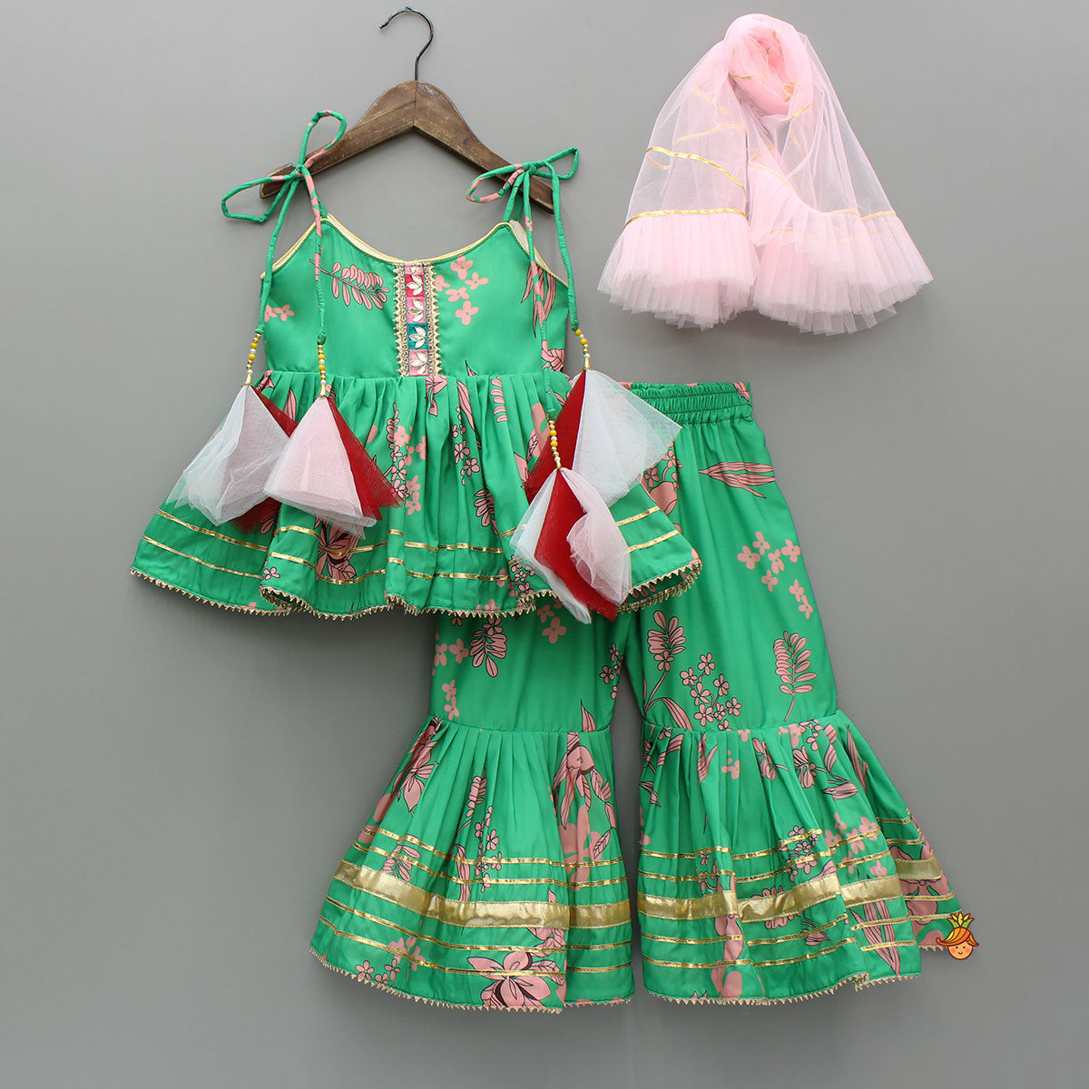 Pre Order: Green Top And Sharara With Pink Floral Prints And Net Dupatta