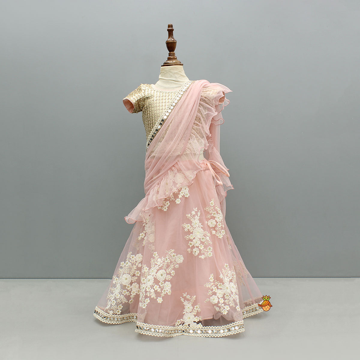 Pre Order: Sequins Work Top With Embroidered Lehenga And Attached Dupatta