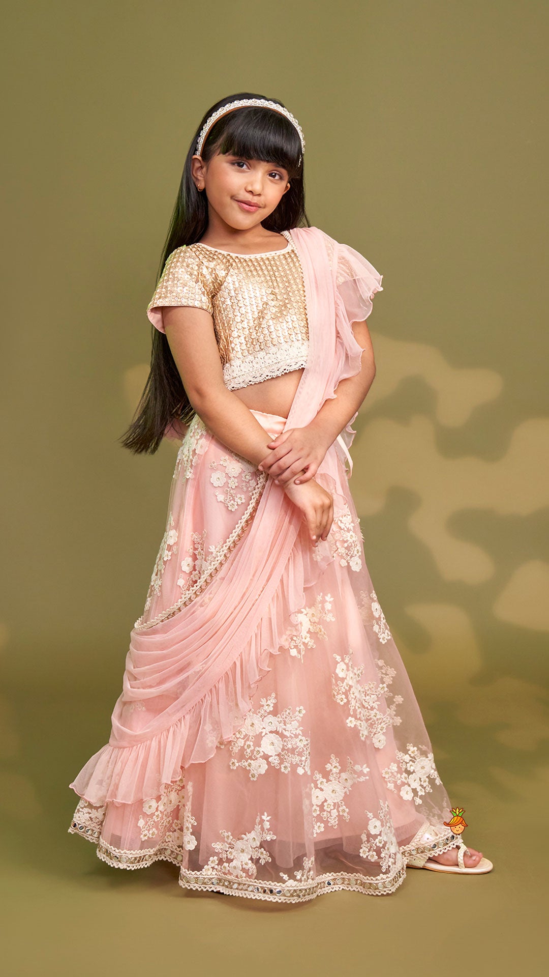 Pre Order: Sequins Work Top With Embroidered Lehenga And Attached Dupatta