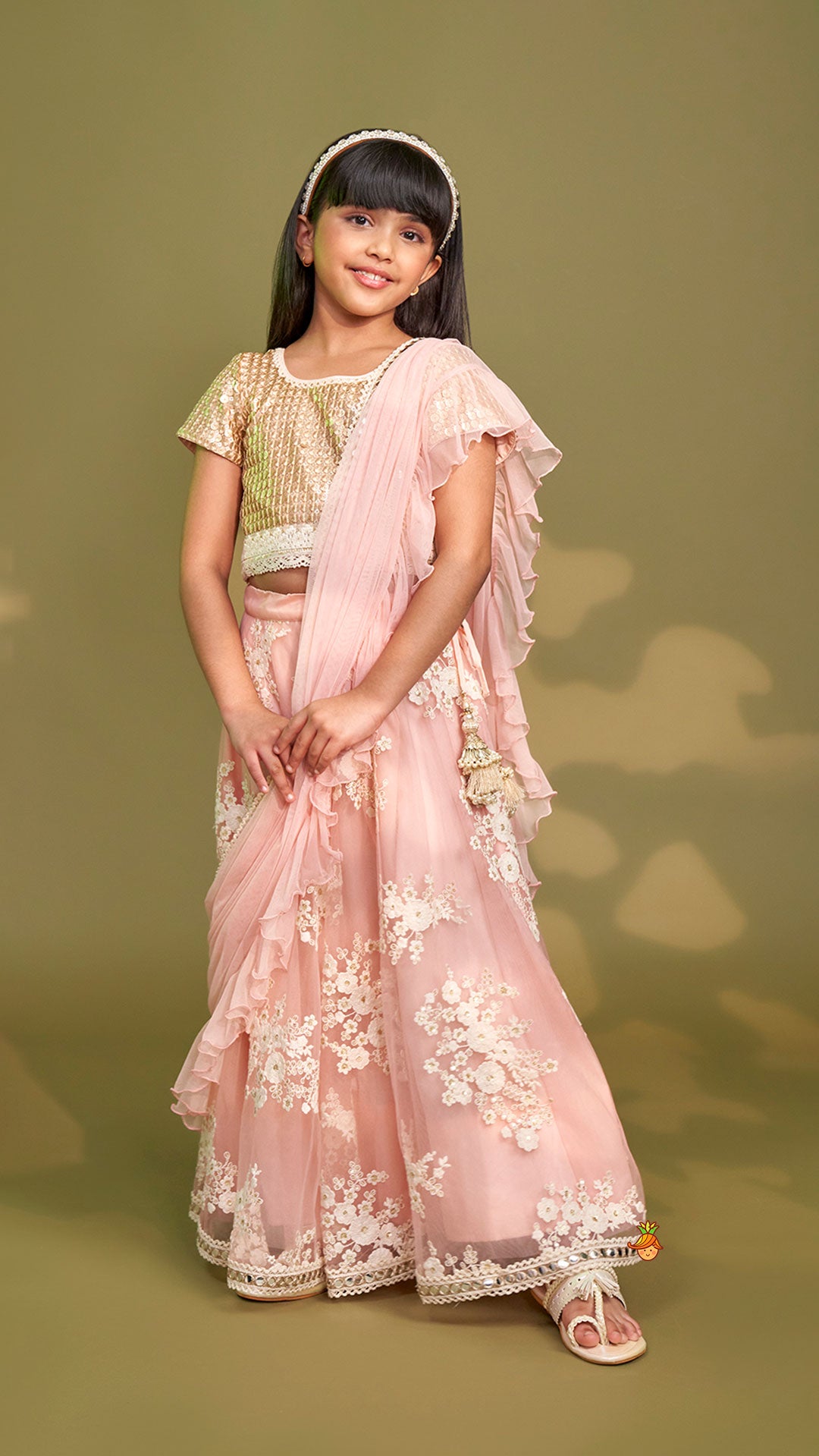 Pre Order: Sequins Work Top With Embroidered Lehenga And Attached Dupatta