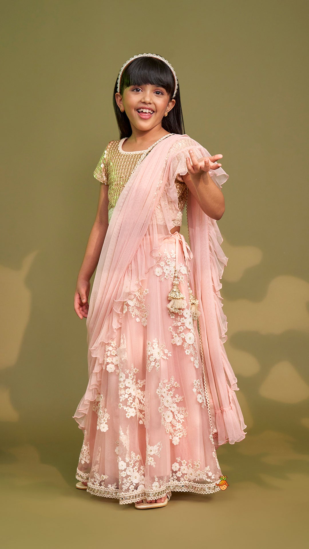 Pre Order: Sequins Work Top With Embroidered Lehenga And Attached Dupatta