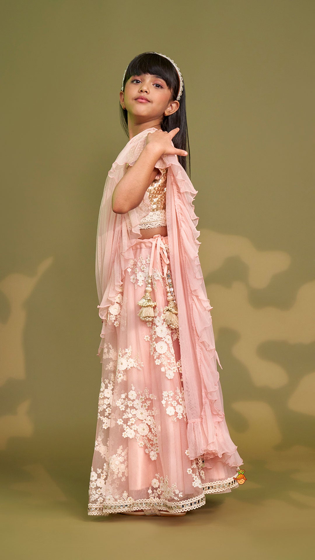 Pre Order: Sequins Work Top With Embroidered Lehenga And Attached Dupatta