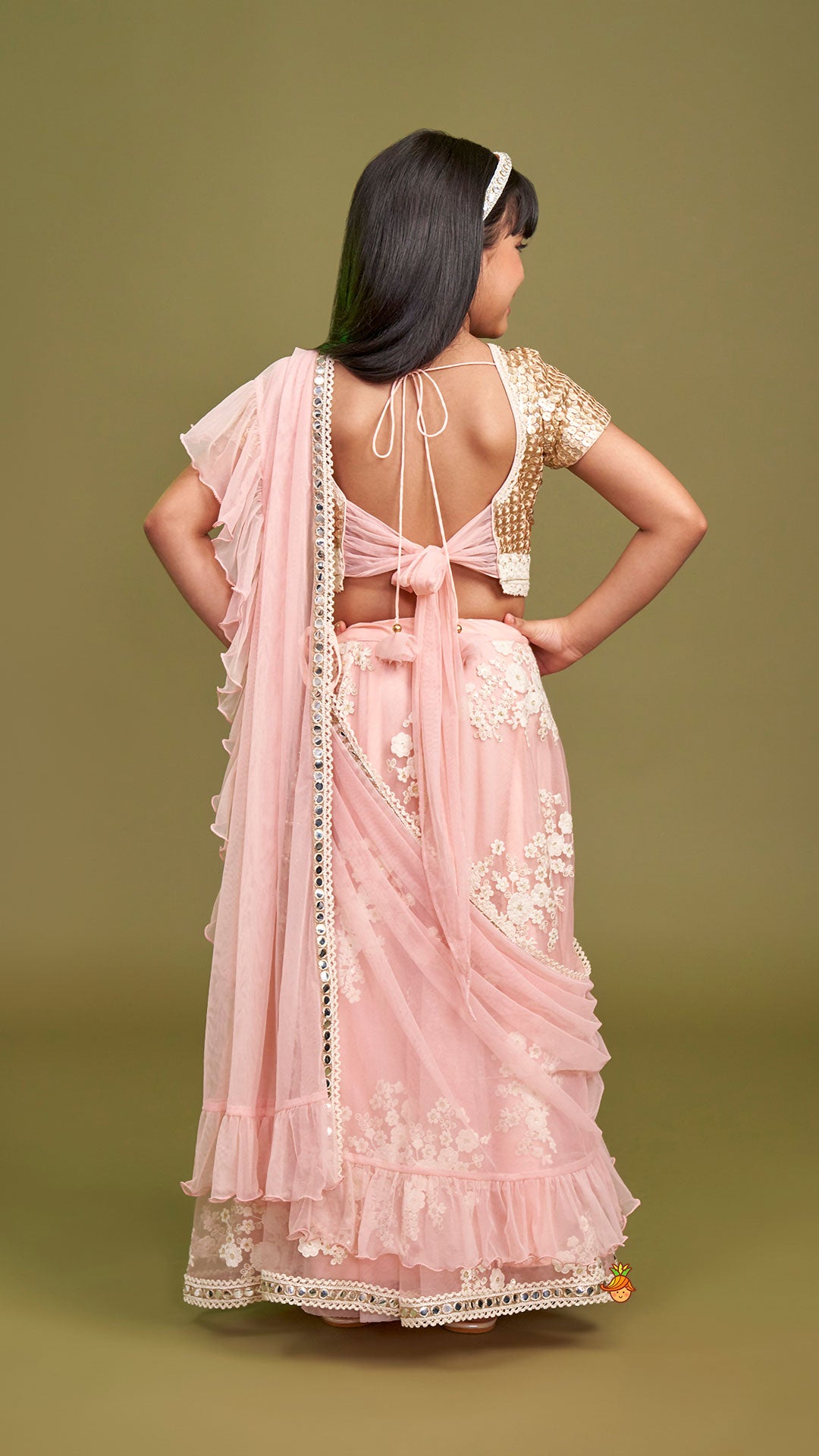 Pre Order: Sequins Work Top With Embroidered Lehenga And Attached Dupatta