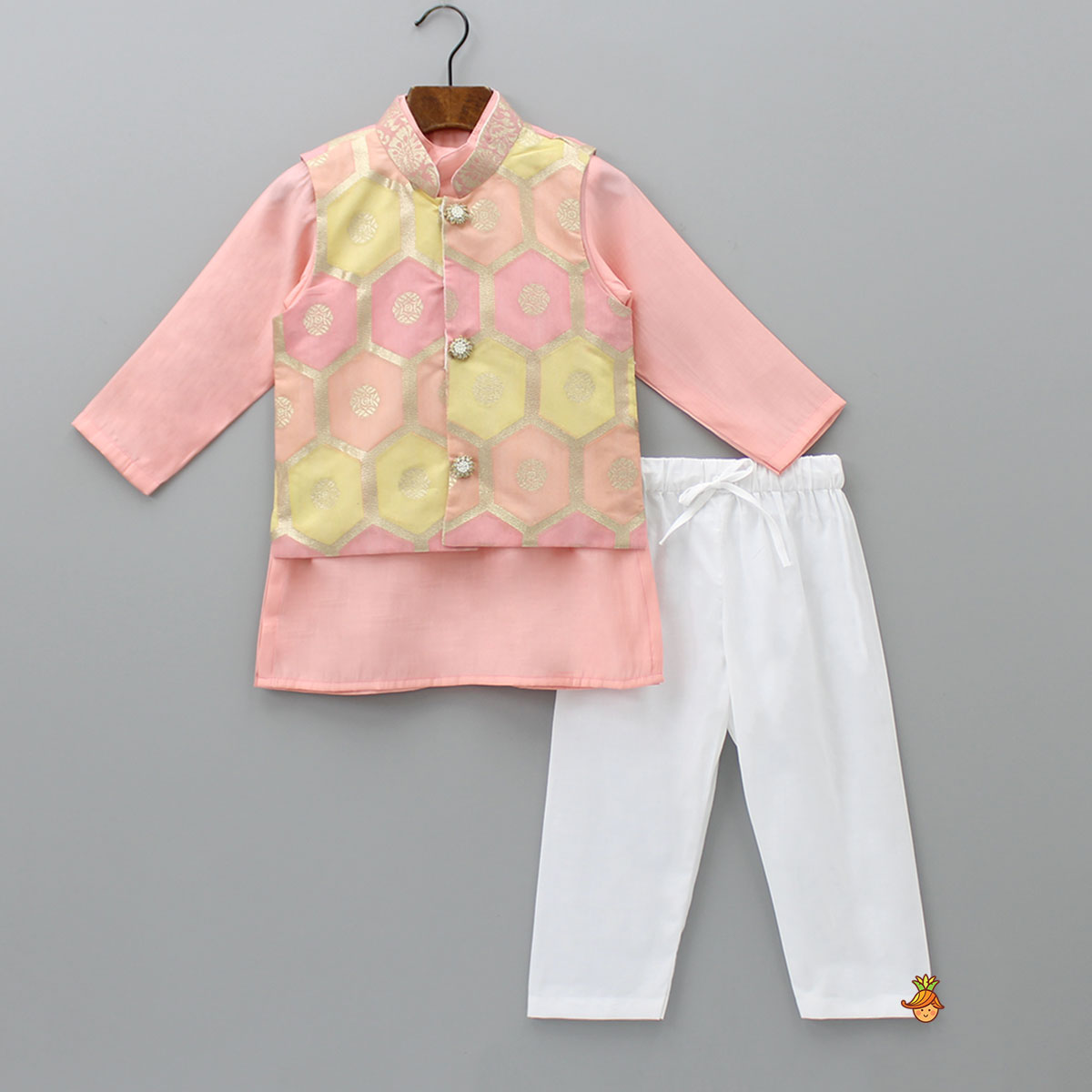Pre Order: Peach Kurta With Brocade Jacket And Pyjama