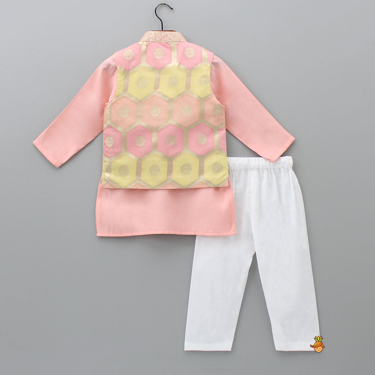 Pre Order: Peach Kurta With Brocade Jacket And Pyjama