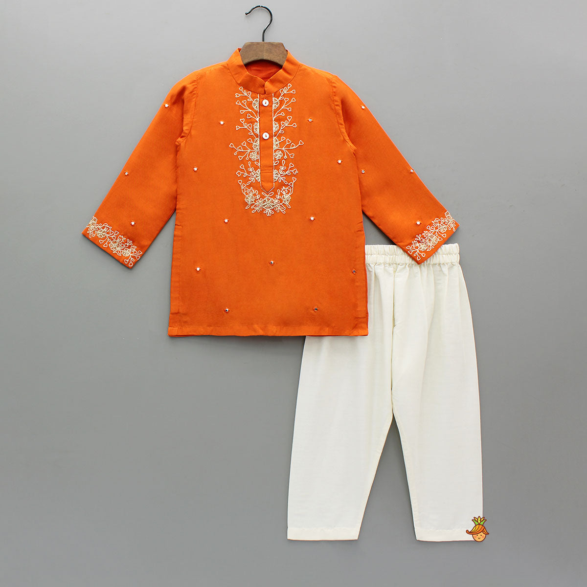 Pre Order: Orange Faux Mirror Work Kurta With Pyjama