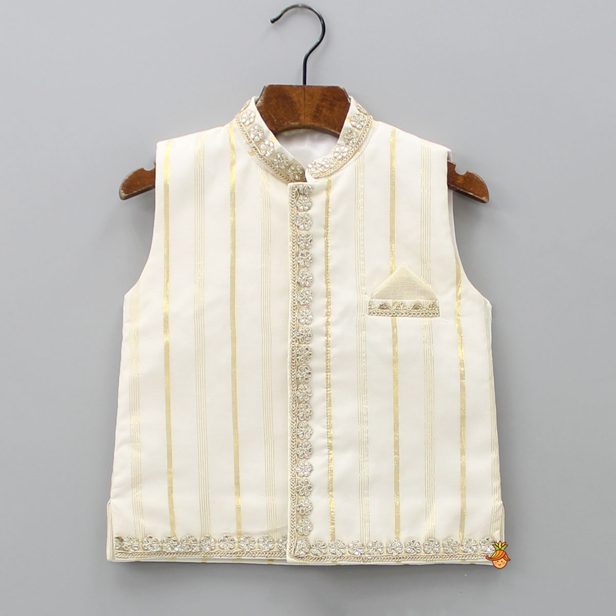 Pre Order: Off White Embroidered Cotton Kurta With Shimmery Pocket Square Jacket And Pyjama