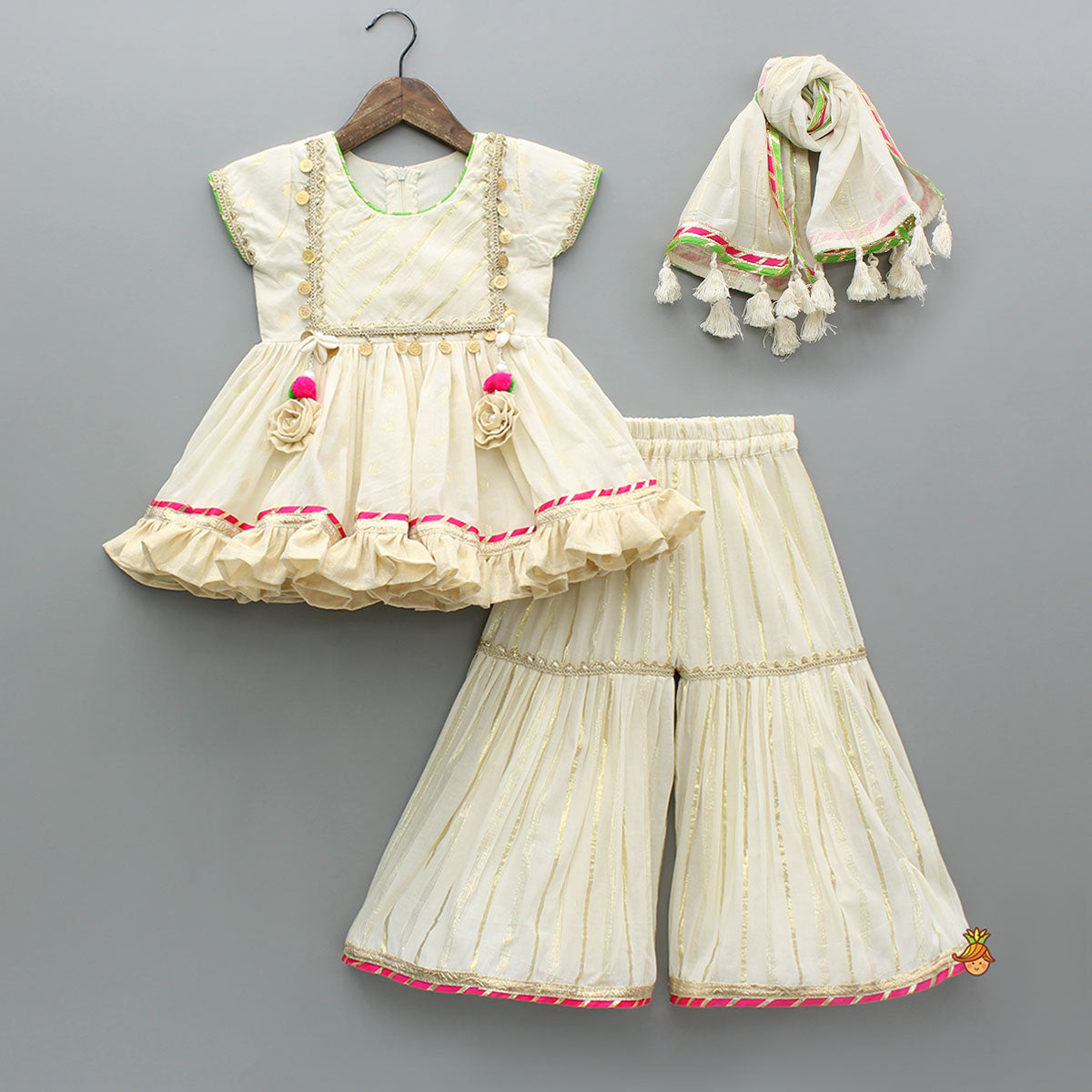 Pre Order: Striped Yoke Off-White Top And Sharara With Fringed Dupatta