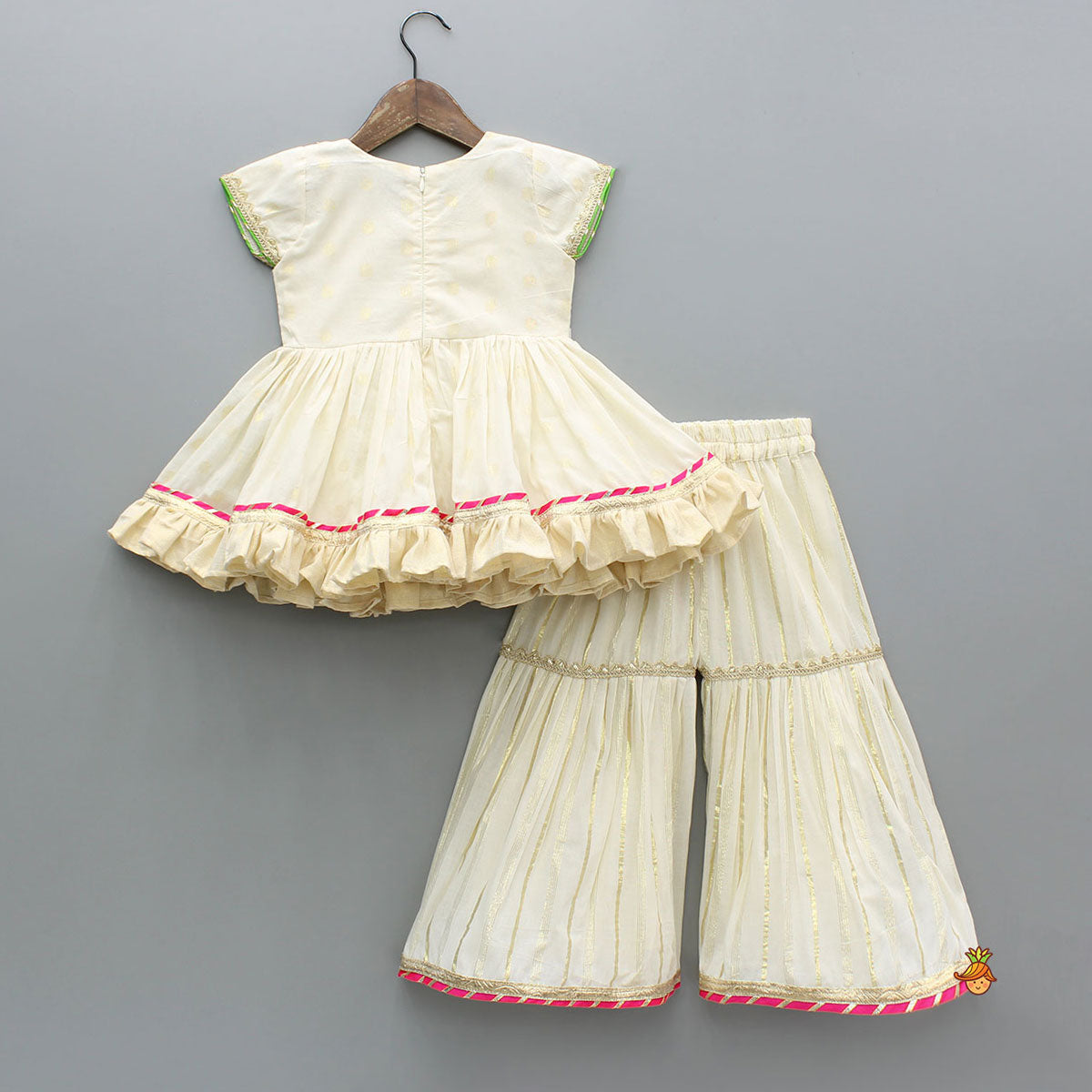 Pre Order: Striped Yoke Off-White Top And Sharara With Fringed Dupatta