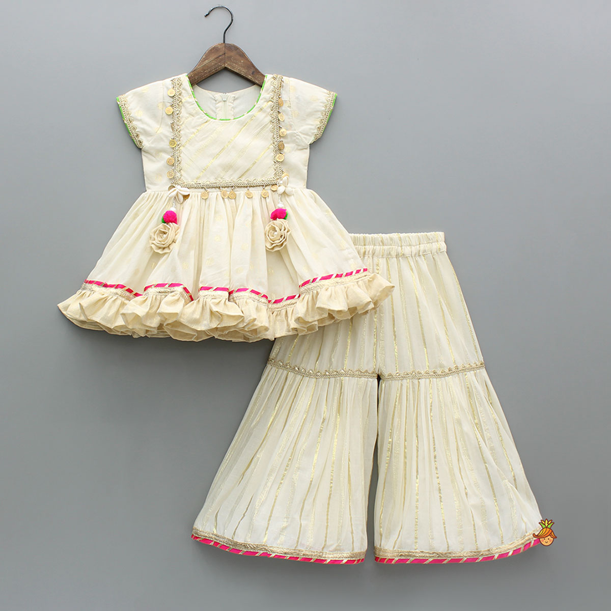 Pre Order: Striped Yoke Off-White Top And Sharara With Fringed Dupatta