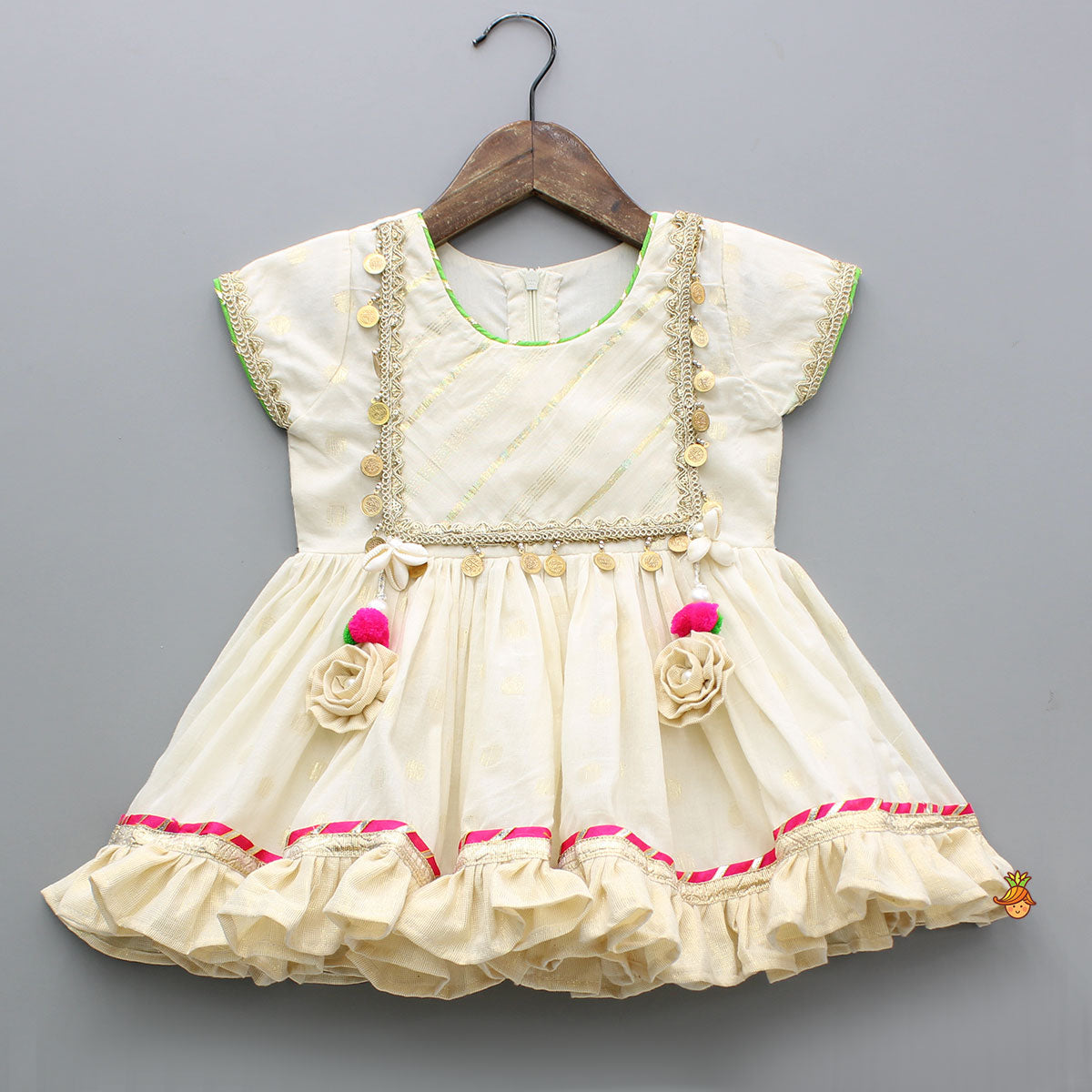 Pre Order: Striped Yoke Off-White Top And Sharara With Fringed Dupatta