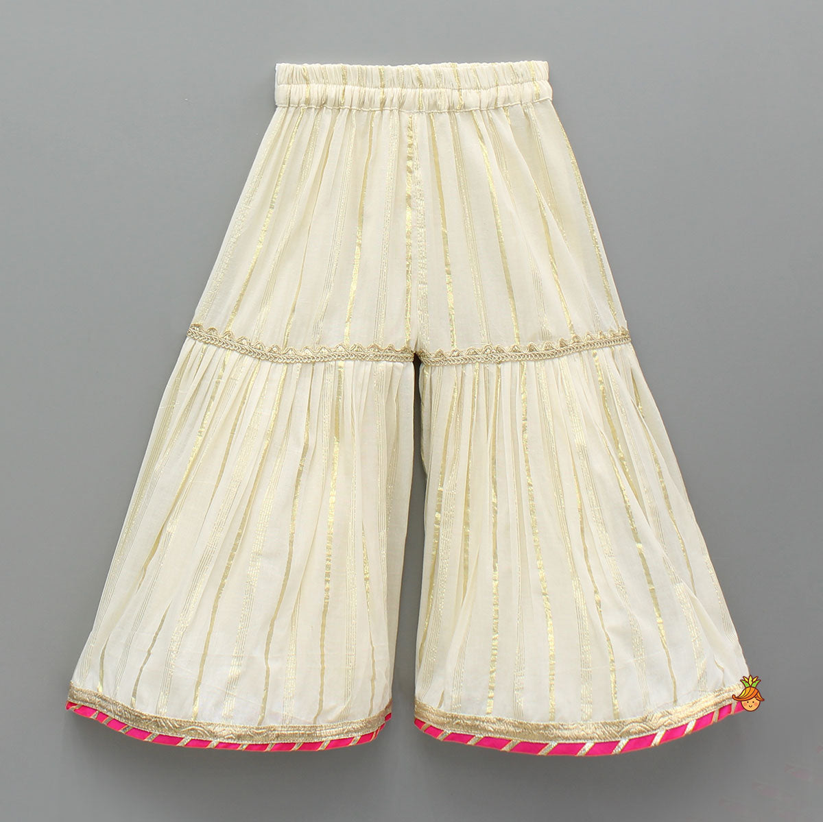 Pre Order: Striped Yoke Off-White Top And Sharara With Fringed Dupatta