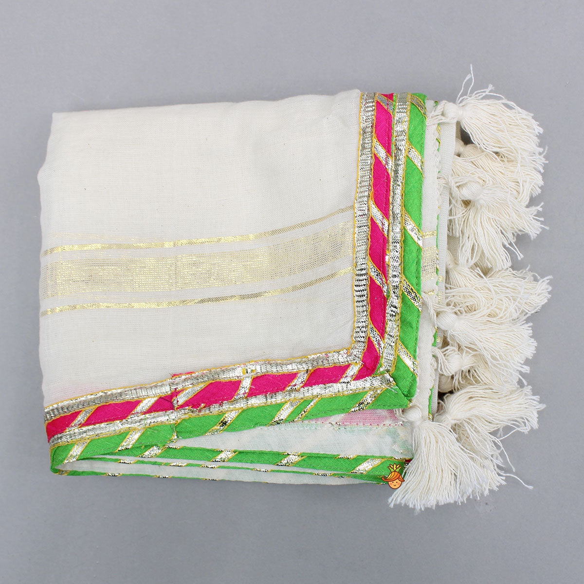 Pre Order: Striped Yoke Off-White Top And Sharara With Fringed Dupatta