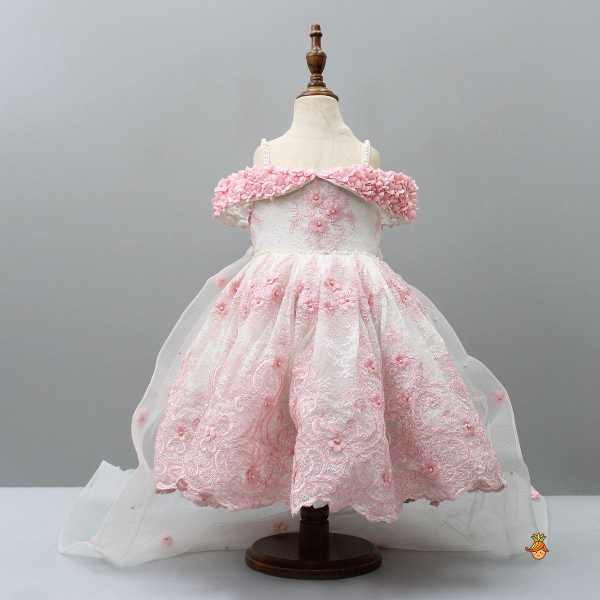 Pre Order: Off Shoulder Fabric Flowers Adorned Wings Gown With Detachable Trail And Matching Hair Clip