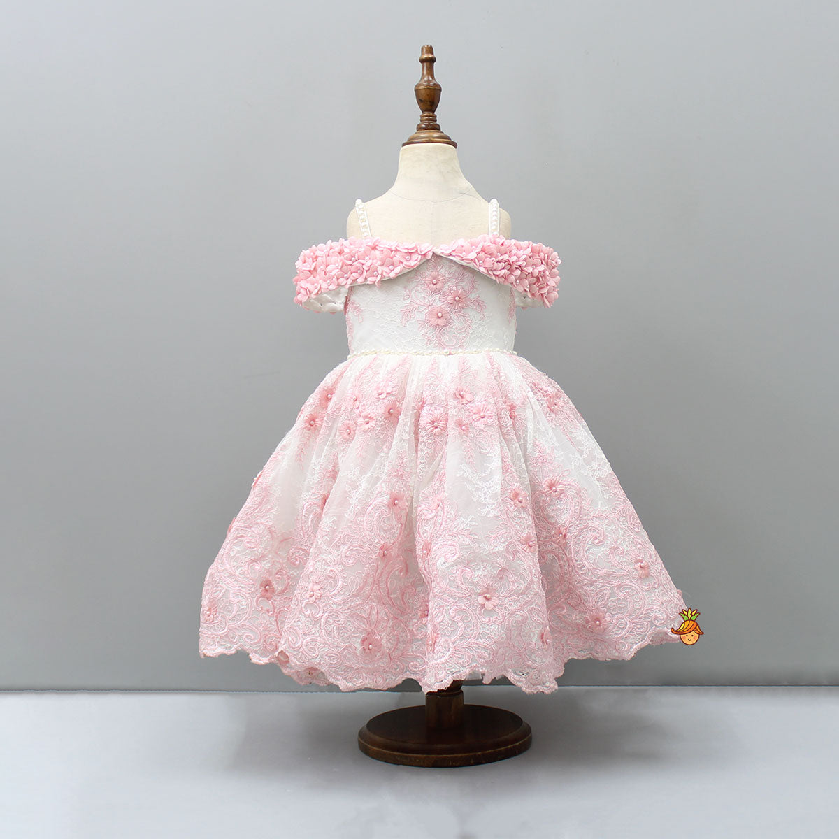 Off Shoulder Fabric Flowers Adorned Wings Gown With Detachable Trail And Matching Hair Clip