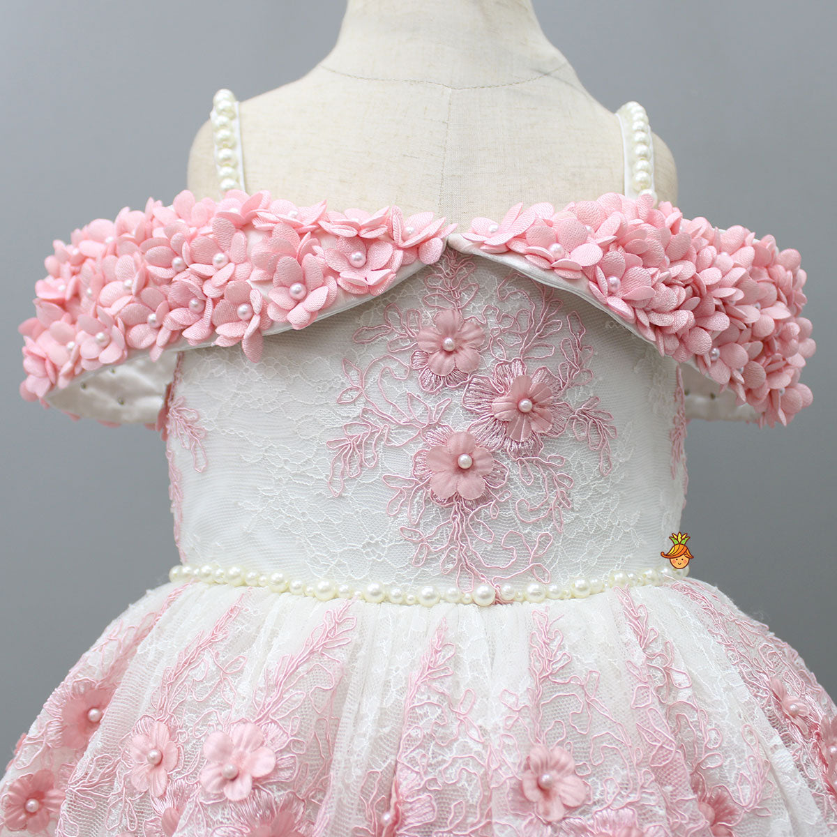 Pre Order: Off Shoulder Fabric Flowers Adorned Wings Gown With Detachable Trail And Matching Hair Clip