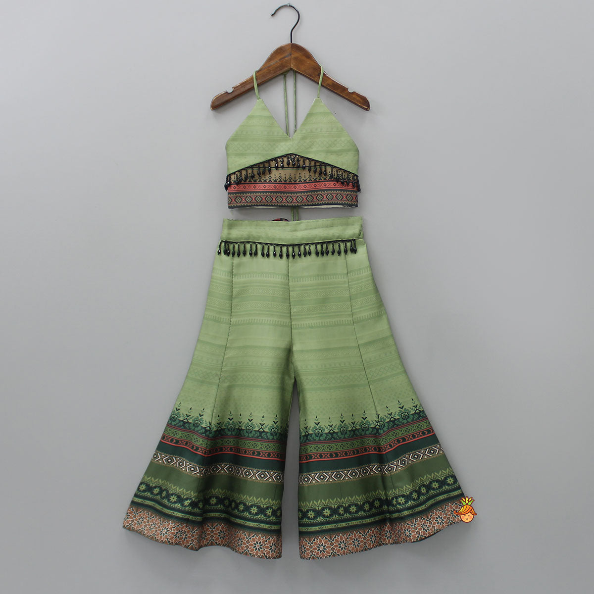 Pre Order: Halter Neck Green Top And Palazzo With Potli Bag